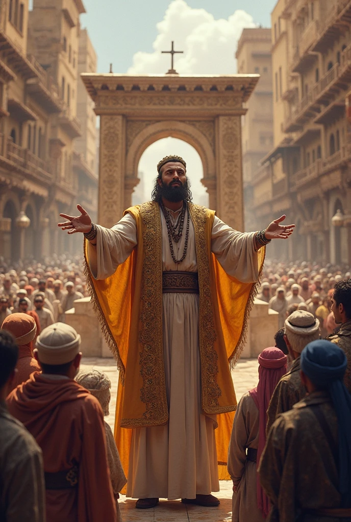 Create a hyper-realistic image of King Solomon in a large square, surrounded by citizens of different ages and backgrounds, all wearing traditional costumes from biblical times. He is in the center, distributing coins and scrolls with teachings to various people. The square must be lively, with sellers offering products, musicians playing old instruments and children running around. The setting should capture the vibrancy of community life and the atmosphere of trust and cooperation that Solomon's generosity inspired.. Lighting should be soft and golden, creating an environment that exudes warmth and prosperity.