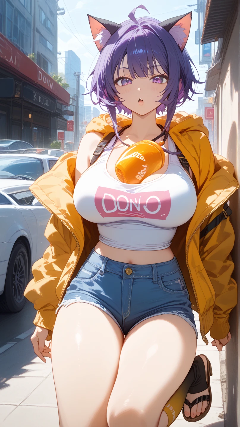 (masterpiece, detailed, realistic), young woman, teenager, (gigantic breasts:1.7), (bursting breasts:1.2), (anxious expression:1.3), expressive face, short hair, white hoodie, ((underboob)), baggy jeans, shocked onlookers