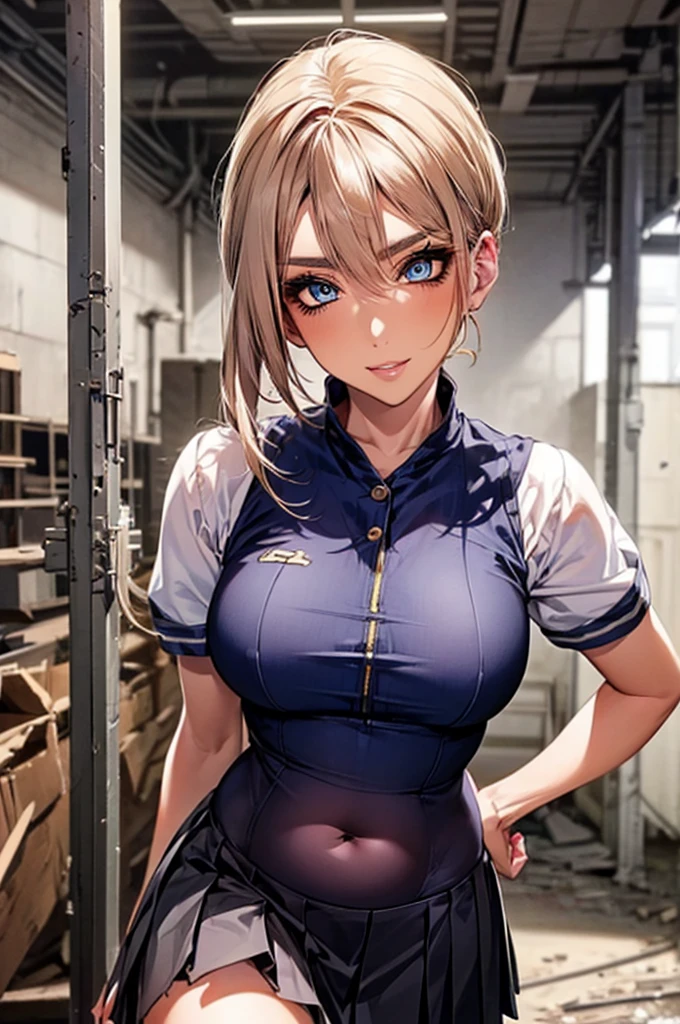 8k,masterpiece, bset quality,big, (1 girl), blue_eyes, blonde hair, short hair, ponytail hair, professional lighting, (shiny skin: 1.2), shiny big, ((best quality)), sharp focus: 1.2, highly detailed face and skin texture, detailed eyes, perfect face, perfect body, blur art, cg, background, Big breasts, presence (20yo, mature cool and beautiful face), wearing ((blue skirt), white taut shirt, thigh), blush, (mittgal), random pose, top view, perfect eye, angry face, artgerm art style