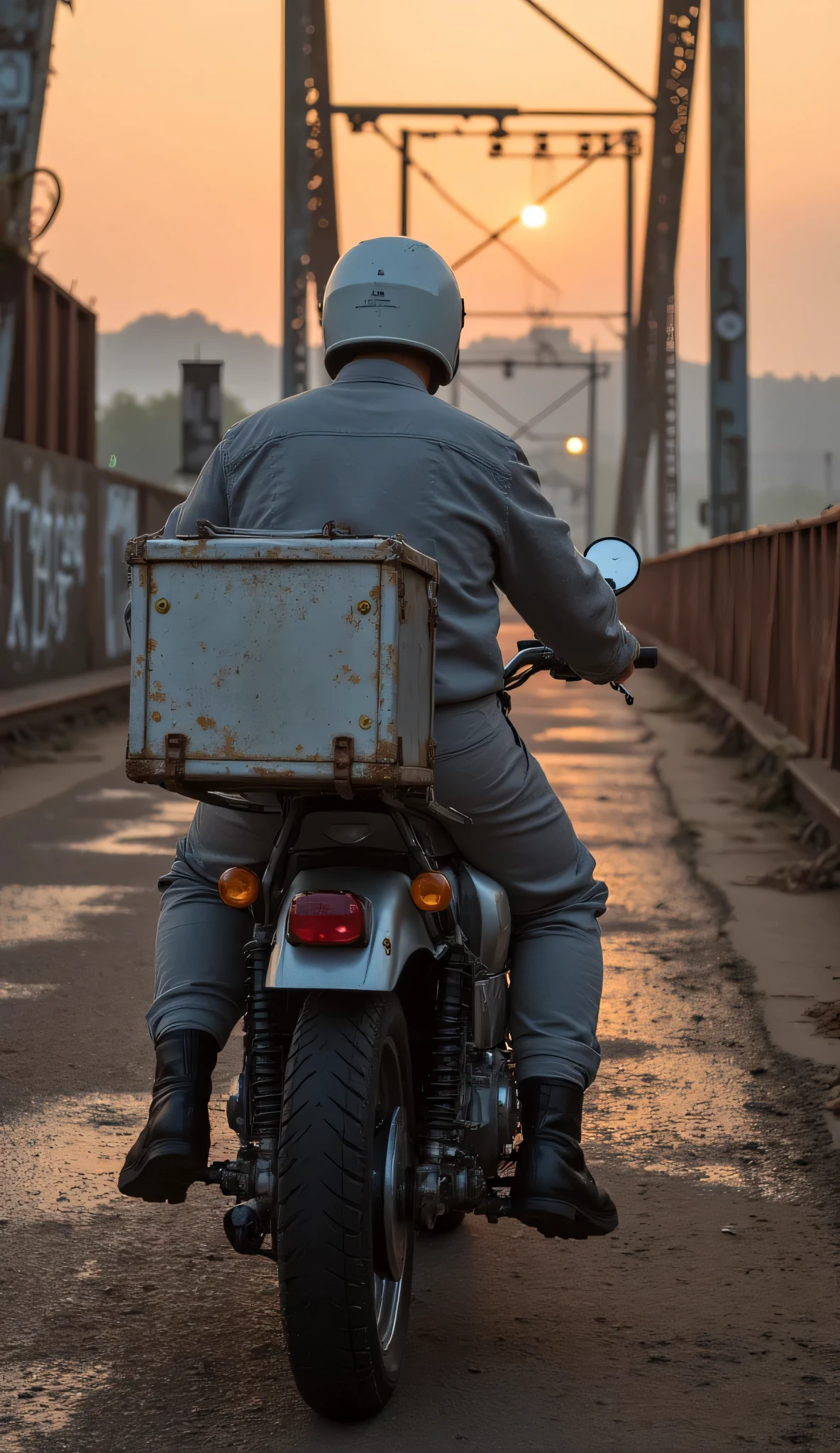 Elon Musk as a food delivery worker, wearing a single-layer mottled ash gray cotton jumpsuit with frayed cuffs, torn knee patches, and a mud-stained hem. The full-length front zipper is replaced by five large brass buttons—top two undone to expose his weathered neck and collarbones. Paired with matching light gray canvas pants rolled at the ankles to reveal heavily worn black leather boots caked in dried mud. A cracked, unmarked white plastic helmet sits securely on his head, featuring deep scratches and sun-faded yellowing.
Riding a 1985 Honda CBX550F motorcycle across a rusted steel bridge at dusk, captured in a mid-shot from a slight angle behind. The bridge spans a misty river, with crumbling concrete supports and graffiti-covered railings. The motorcycle's weathered silver-gray engine cowling and rear fender reflect the golden-hour sunlight, while oxidized paint peels to reveal underlying primer.
Key details:
Posture: Leaning forward slightly, hands gripping handlebars with grease-stained fingers
Movement: Rear tire kicking up a small splash of water from a rain puddle on the bridge deck
Delivery box: Aluminum container welded to the rear, lid secured with bungee cords, showing dents and rust perforations
Evening atmosphere:
Sky transitioning from orange-pink to indigo, with distant city lights flickering
Sodium vapor lamps casting warm yellow pools on the bridge surface
Mist rising from the river below, softening background details
Hyper-detailed photorealism, 85mm lens, natural diffused lighting with golden-hour warmth, --ar 9:16 --v 5 --style expressive