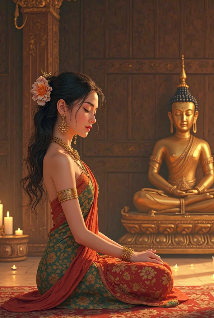 mujer budista con tatuajes y percings en su cuerpo meditando en un templo hindu foto realista --auto