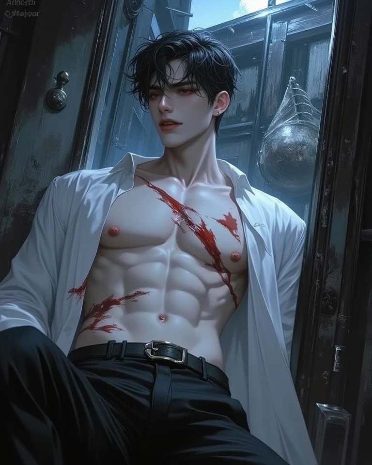 a male character white robe on a neutral background an extreme expression of anger with red eyes crying a red blood liquid, (brown hair), --auto --s2