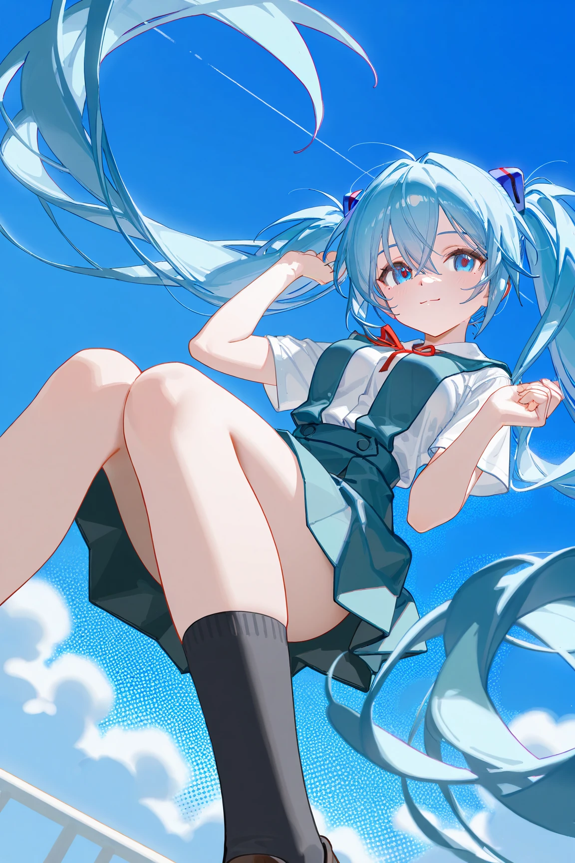 full body, (female): 1girl, (solo), (perfect face), (detailed outfit), (little girl), beautiful female, smile (happy), blue hair, long hair, twintails hair, blue eyes, (tank top,), (white background), (masterpiece:1.4), (best quality), (ultra-detailed)