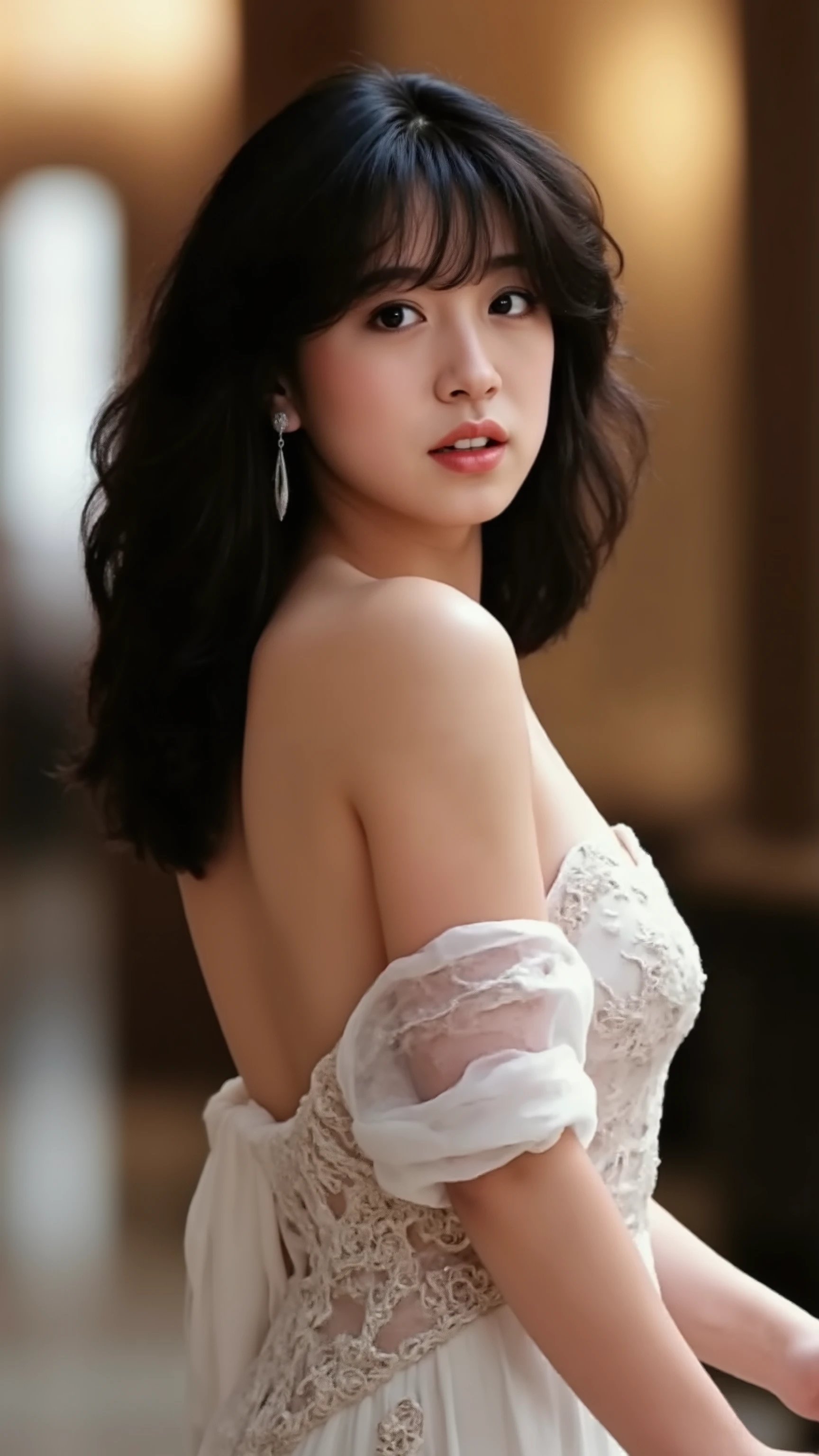 A high resolution photograph of a Japanese adult woman, photo realistic, masterpiece, amazing quality, intricate details, professional lighting, solo, 1girl, full body, (curly black hair with blunt bangs), pale skin, fine-textured skin, detailed face, detailed eyes, standing in seductive posing with sensual face for fashion shooting, (off-shoulder see-through embroidered formal dress, downblouse, ass focus, looking back at the viewer:1.2), , (perfect hand, detailed hands, detailed fingers, anatomically correct proportion), indoors, luxury hotel lobby,