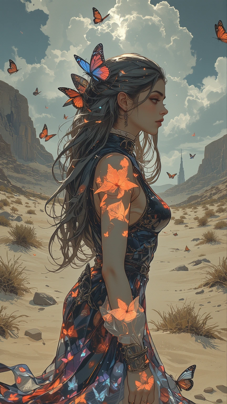 best quality,highly detailed,masterpiece,ultra-detailed,illustration,silhouette,medium breast,on a desert,beautiful detailed eyes,grey hair,butterfly,photorealistic,8K,HDR,physically-based rendering,extreme detail description,vivid colors,warm color palette,dramatic lighting,cinematic composition