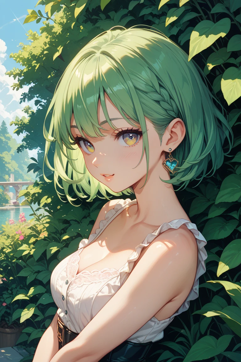 A cute girl in a swimsuit(original bikini swimsuit)(Small body) (Little Girl:1.5), (platinum:1.5)(eyelash:1.2)(eye shadow:1.3) (Green eyes:1.5), (Beautiful fine details:1.4) (Short Bob Hair:1.4), (medium Breasts:1.3) (White skin:1.2) original character,