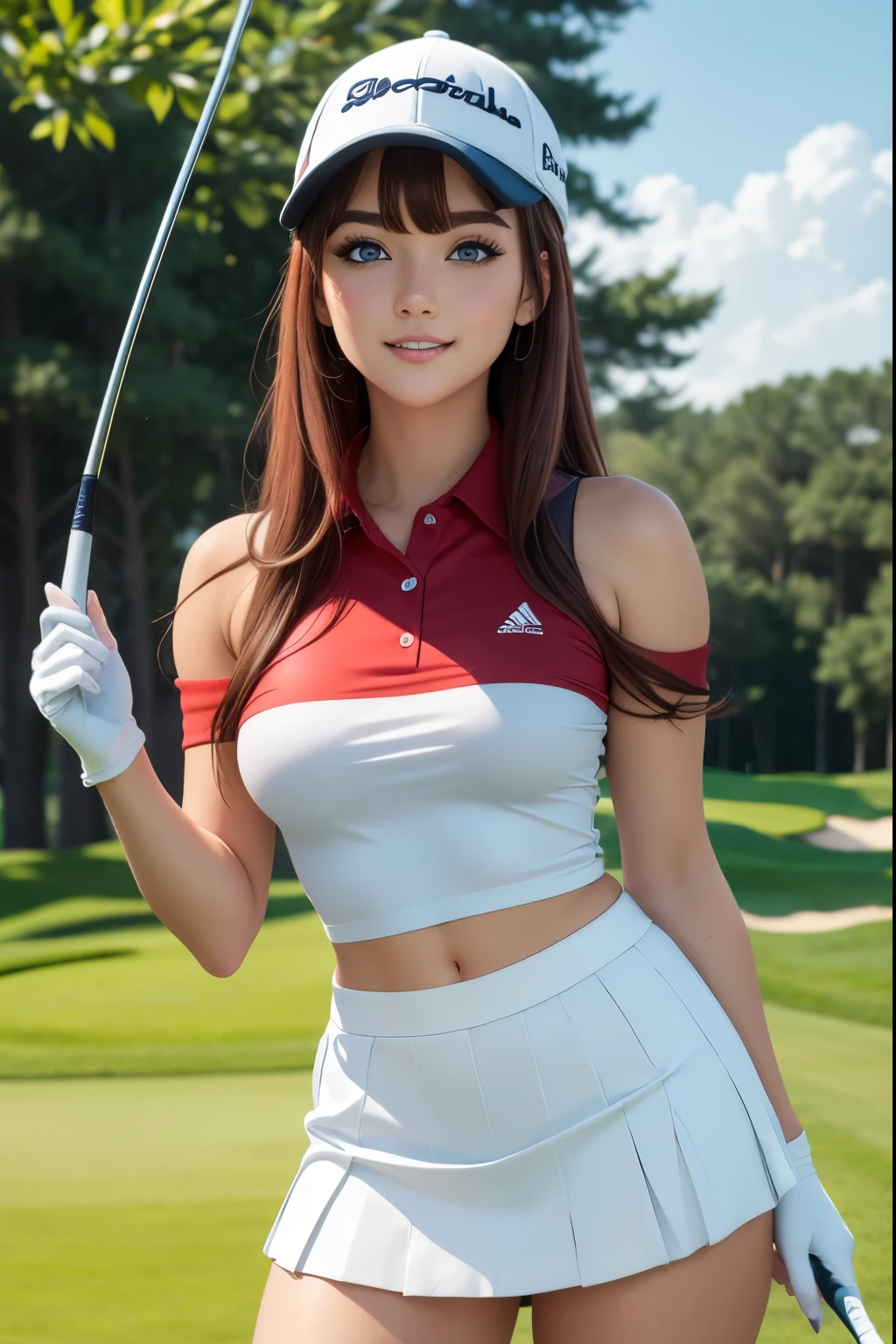 long hair, brown hair , (red tips), collect, blue eyes , perfect face, bare shoulders, sports cap, polo shirt, white gloves, golf skirt , Golf club, Golf course , playing golf
