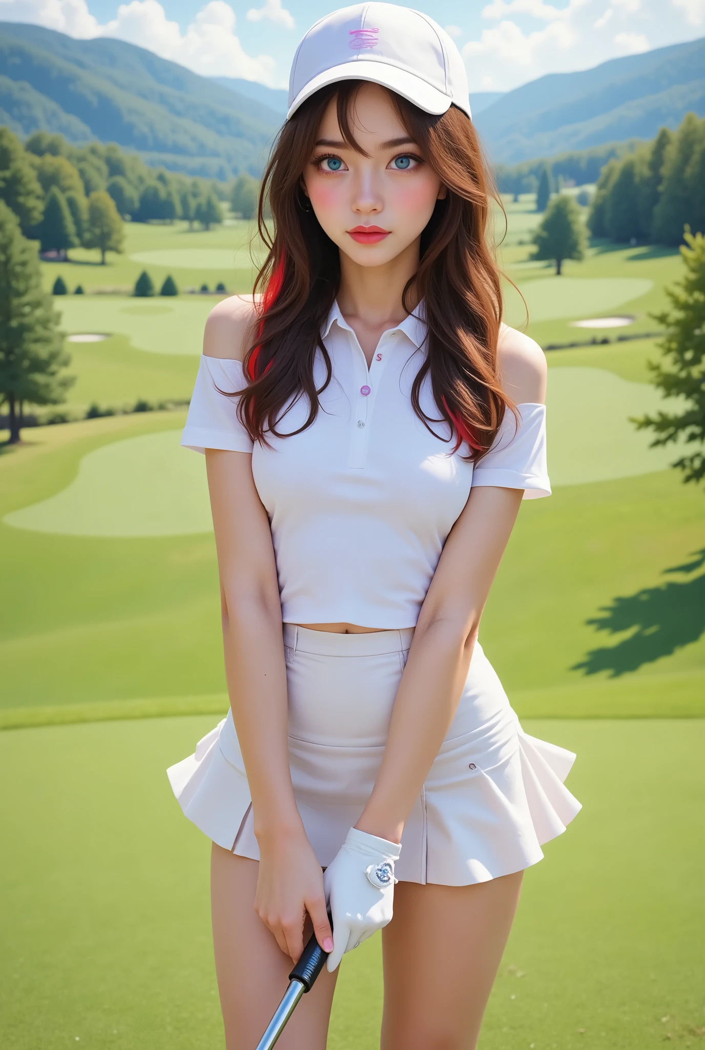 Highest quality,masterpiece,Ultra-high resolution,(Actual:1.4),Original photo,Ultra-high resolution,8K,There are women,Fair skin,Exquisite makeup,High heels,Long legs,Bright and beautiful,Super long brown hair,Hair with loose waves inside、reaching down to the waist、shy smile、Big Breasts、Female golf athlete At the golf venue,white tight polo shirt, white golf uniform skirt, no underwear,white sneakers,dynamic pose