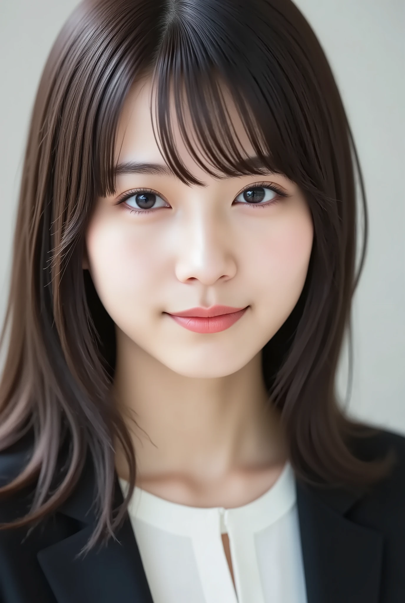 masterpiece, with the face positioned accurately in the center of the image, fine, clean skin、white blouse and black jacket,document background、long black hair, Bangs, smile, 8k, Tight chest