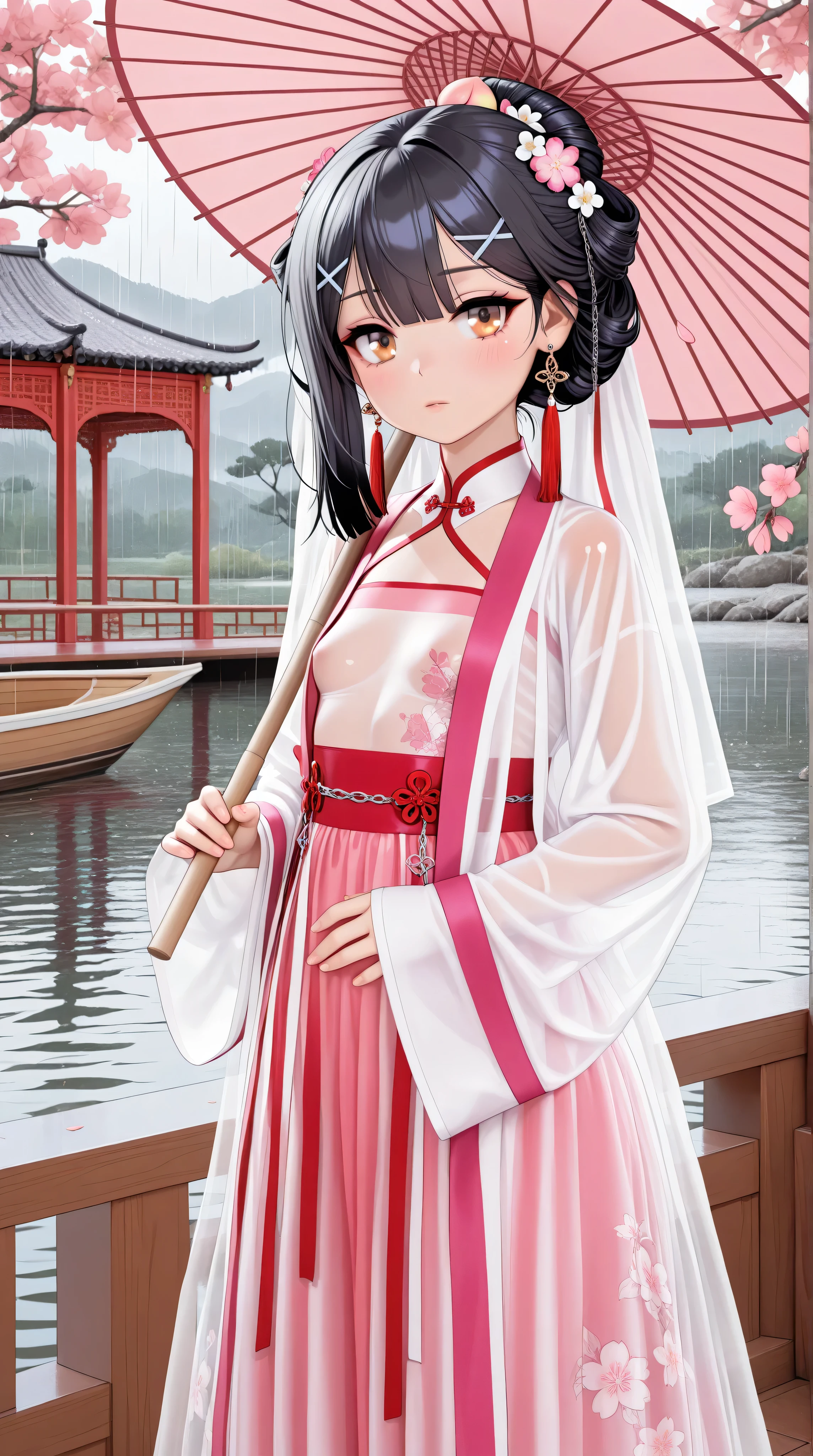 1girl,(Miyu Edelfelt),,solo,bangs,brown_eyes,black hair,updo,expressionless,blush,flower,beautiful detailed_background,small breasts,butterfly,(purple gorgeous hanfu, jin style outfits),gold trim,upper shan, chest ru skirt, cape coat,earrings,mask,chain,face chain,((veil)),explicit,flower,general,x hair_ornament,hanfu,holding an oil-paper umbrella,((peach blossom)),floral print,see-through,jewelry,long_hair,looking_at_viewer,questionable,sensitive,solo,tassel,tassel_earrings,upper_body,outdoor,(spring),rain,Chinese style architecture, Chinese style, lake, ancient town, beautiful and meticulous water, (boat), pavilion,steam,Surrounding by falling peach blossoms petals, han style