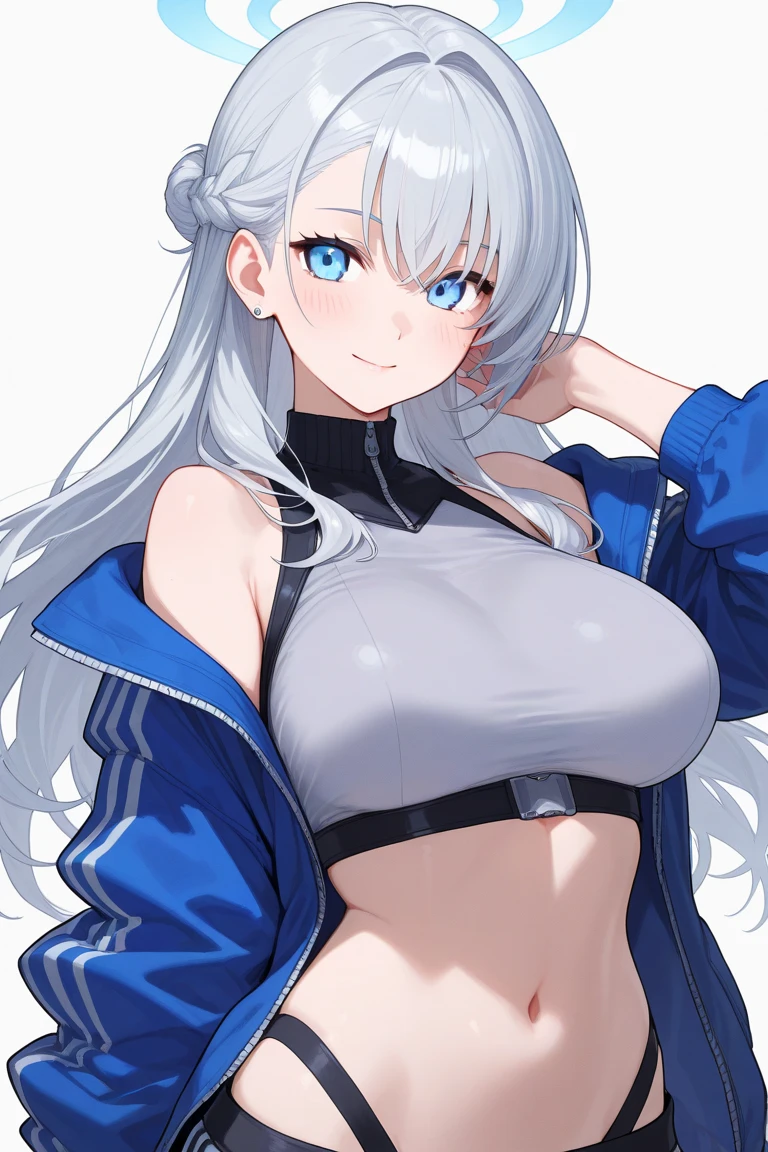 (((masterpiece))), ShizukaMikazuki, One Girl, alone, Make eye contact,Long Hair, Gray Hair, Long sleeve, Huge breasts,Cleavage, Large Breasts, Mature Body,clavicle, Jacket, Open clothes, open Jacket, blue hoodie, Play sports often, blue eyes,Earrings ,Choker with charm,Sweat,High Ponytail,A troubled and embarrassed face, smile,Thick lips,Increase breast size, Make the face a little smaller,Abdominal muscles,Black sports bra,Black hot pants,dusk park, crossed arms