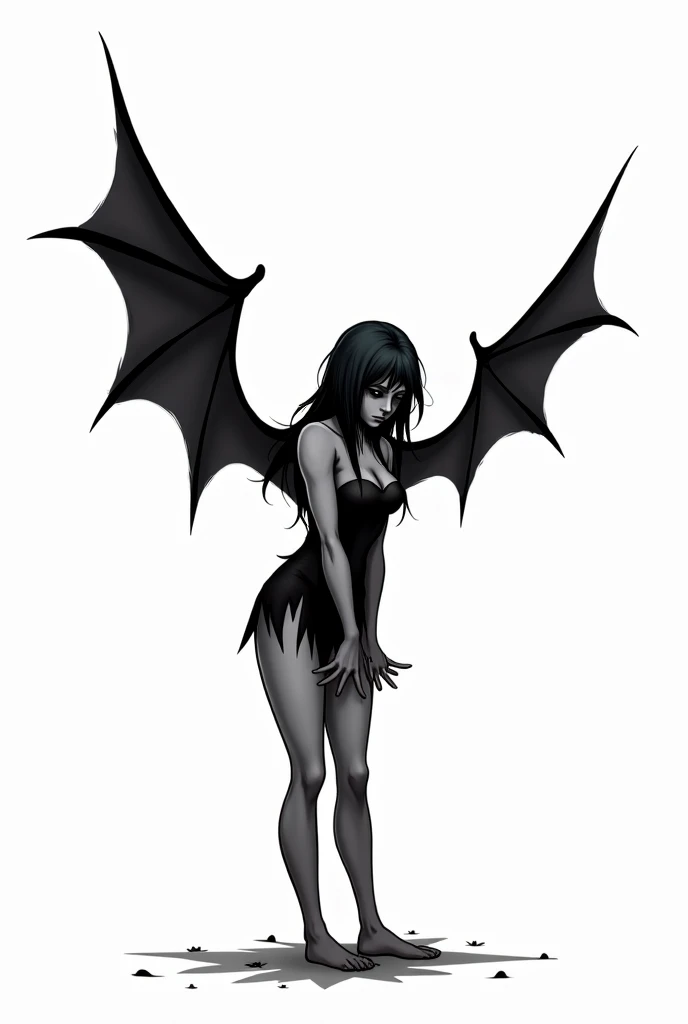 Girl demon, black Horns, Black and Long Hair, Straight hair, Red Eyes, black devil's tail, anime version, full body, black clothes, slim, black wings