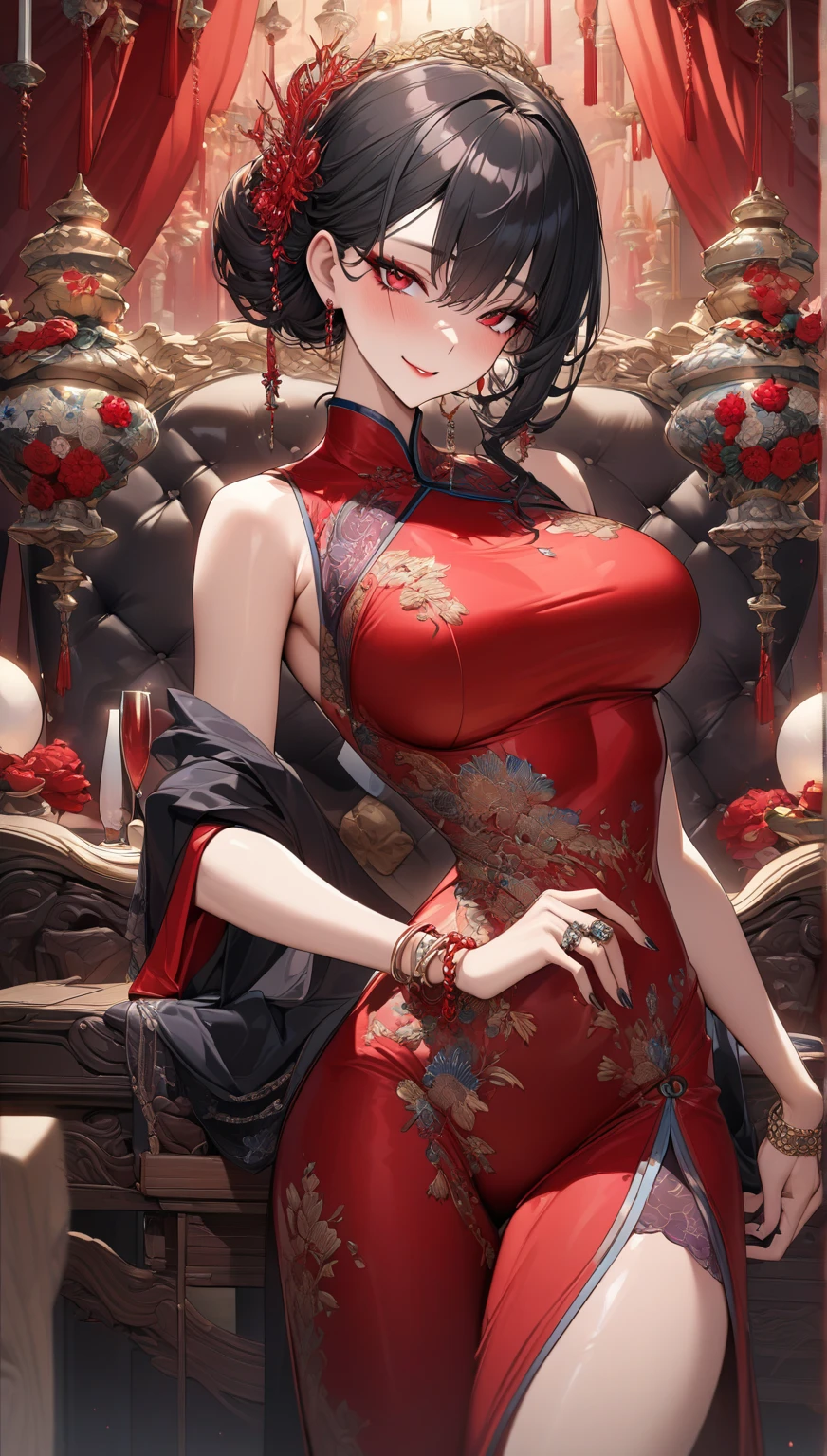A woman with big ,Black velvet evening gown,Floor-length skirt,Deep V neckline。The evening gown is embroidered with delicate red roses,Flowers vary in size,Extends from waist to hem。Roses embroidered in gold thread,Rich in details,Lifelike。Background is indoor banquet,Soft light shines on the dress,Creates an elegant shadow effect。Tall figure,Long hair shawl,Smiling,The overall creates a noble and romantic atmosphere。