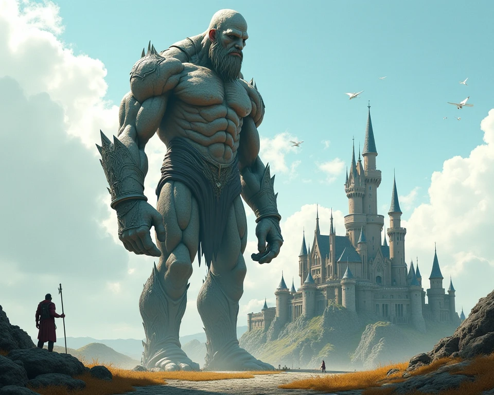 Create a captivating analog-style cinematic scene depicting a huge, ancient rock giant carrying a majestic castle on its back. Emulate the aesthetic of vintage film with grainy textures and muted tones. Highlights include the intricate details of the rock texture and the imposing presence of the castle, all captured on classic film. Artists: Akira Kurosawa (for cinematic framing), Ray Harryhausen (for creature design)