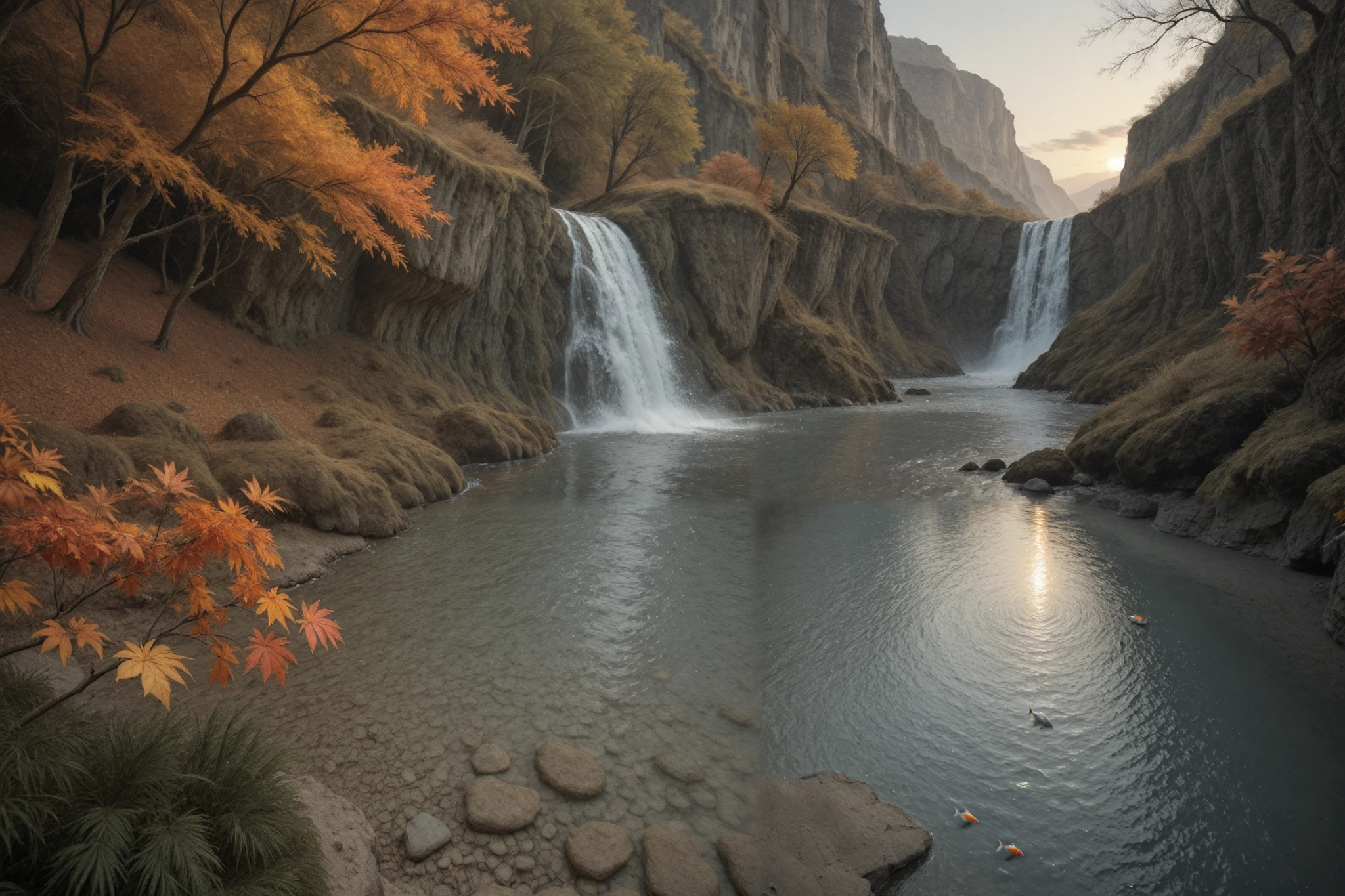 “A breathtaking autumn canyon at sunrise, with a serene river reflecting the vibrant red, orange, and yellow foliage of the surrounding trees. The water’s surface mirrors the sky’s soft pastel gradient from deep orange to gentle pink and pale blue. A small, picturesque waterfall cascades over moss-covered rocks, adding a touch of movement to the tranquil scene. Birds with elegant wings soar through the sky, their silhouettes blending harmoniously with the morning light. In the clear river, colorful fish such as koi and trout swim gracefully, their movements creating gentle ripples. Mist gently rises from the water, enhancing the peaceful morning atmosphere. The canyon walls, adorned with autumn leaves, frame the composition beautifully, creating a stunning, immersive landscape perfect for a jigsaw puzzle.”