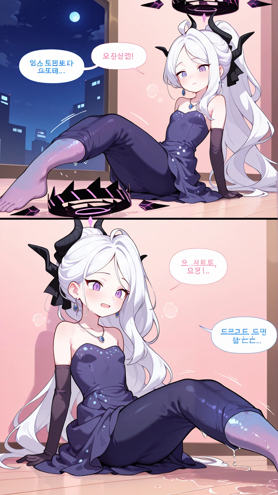 score_9, score_8_up, score_7_up, score_6_up, score_5_up, score_4_up,
8K, best quallity, manga, comic, hina(blue archive), blue archive, shy, painful face, embarassed face, heavy breathing, struggling, motion effect, bedroom, night, on floor, sitting, flopping on floor, soggy wet, looking below, talking to viewer, periwinkle hair, transformation, mid transformation, (legtf, transforming into a mermaid, purple scales), barefoot, ((pastel colors)), hina, 1girl, solo,ponytail,elbow gloves,purple dress,black gloves,black dress,strapless dress,earrings,necklace,alternate costume,
masterpiece, best quality, absurdres, masterpiece, highres, perfect anatomy, anime style, anime screenshot, 8k wallpaper, ultra high quality, (extremely detailed cg), perfect lighting, (sharp image), dynamic angle,
