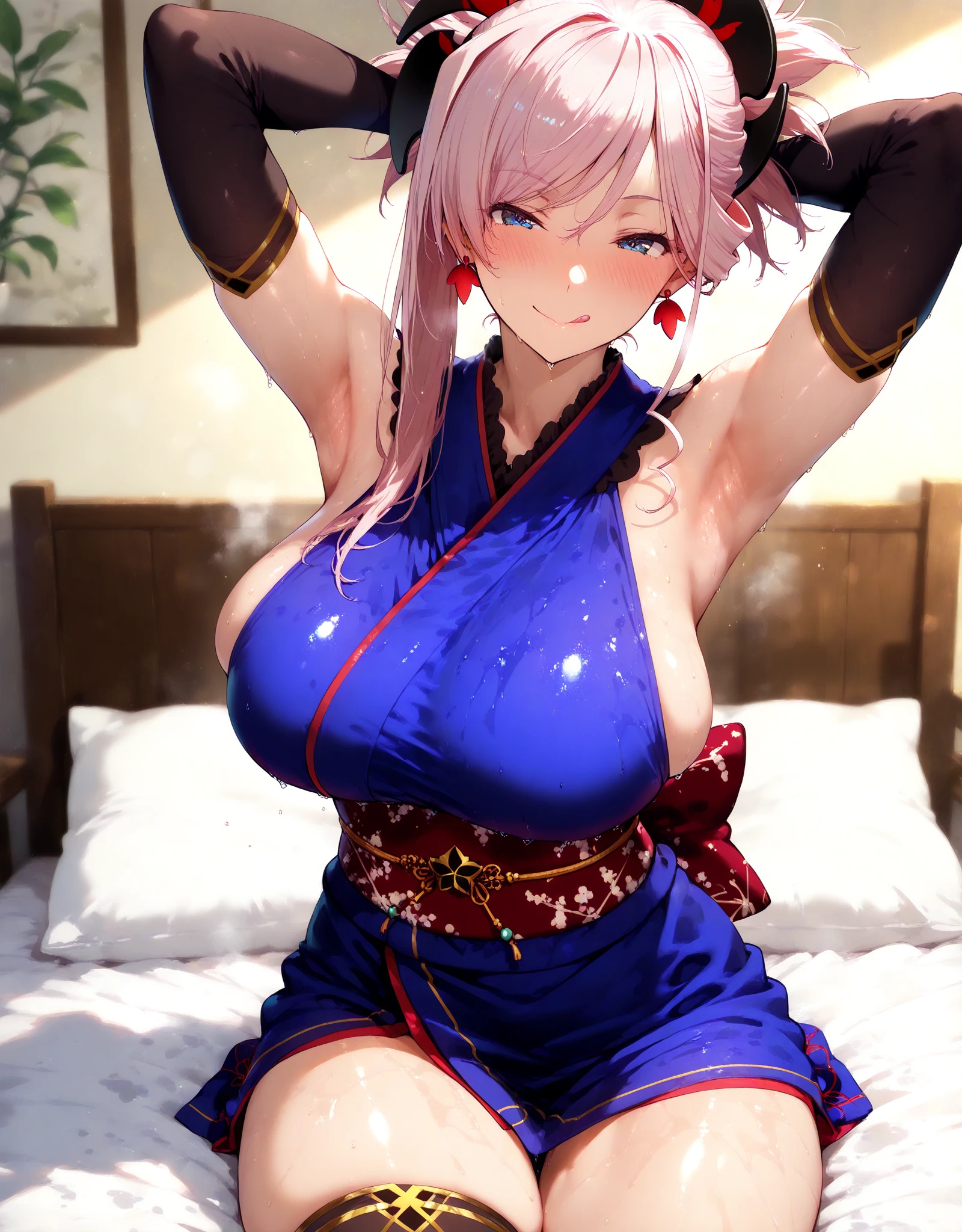 NSFW　(Highest quality:1.5, High resolution, uhd, 4K, Detailed lighting, Shaders)miyamoto musashi asymmetrical hair, blue eyes, Earrings, hair ornaments, Pink Hair, ponytail, Side Lock, break bare shoulders, blue kimono, Removable sleeves, elbow sleeve, kimono, kimono, heart, sash, No sleeve, No sleeve kimono, break outdoors, city, break looking at viewer, break (masterpiece:1.2), Highest quality, High resolution, unity 8k wallpaper, (figure:0.8), (Beautiful fine details:1.6), Highly detailed face, Perfect lighting, Highly detailed CG, (Perfect hands, Perfect Anatomy), 1girl, (nsfw:1.0), Spread your legs, seat, Elevate your legs, nude, (Pussy Focus:1.0) Sweat, Shiny skin, Heavy breathing, ( Sex, sexual intercourse, Insert, Hetero, Motion Lines, Motion Blur, Talking Spirit:1.1), (Lying, Lying on your back, bed,Subjective:1.1)blush　depressed　Face distorted by pleasure　Resisting Pleasure　Blushing cheeks　wet Nipples licked　Overflowing body fluids　Spurting body fluids　((0 Close your eyes and lean back)) (((Ecstasy)))++　((cum on body / bukkake projectile cum excessive cum))