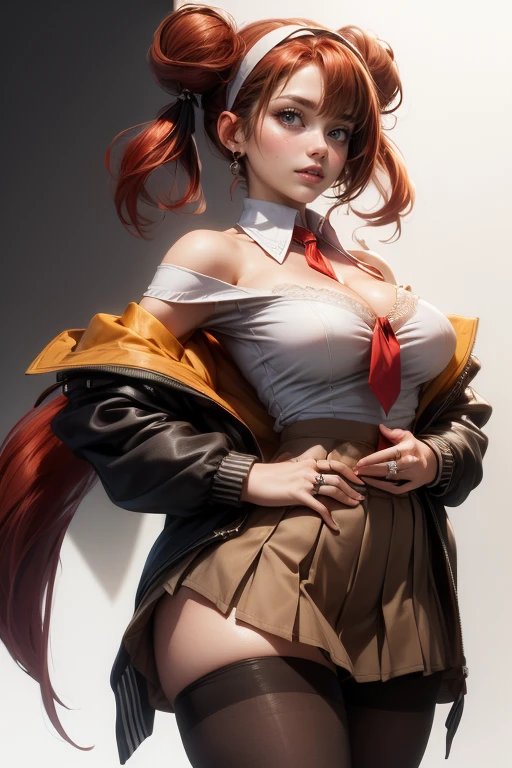A young girl with messy red hair, wearing an eye patch over the left eye, wearing baggy firefighter pants, short top with the belly exposed and a blouse tied at the waist