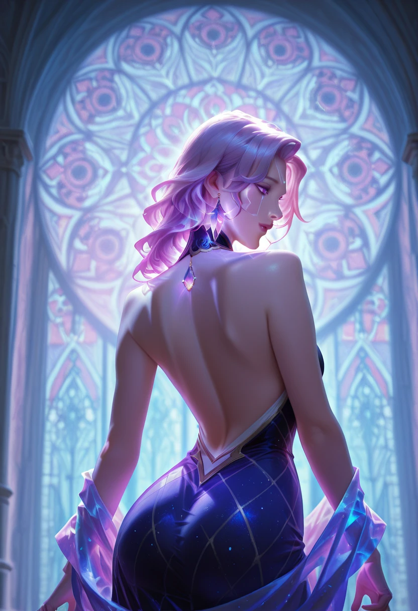 masterpiece, best quality, <lora:elelux-nvwls-v1-000009:0.8> drkLux, crown, purple hair, side ponytail, detached collar, purple dress, cleavage, black gloves, purple thighhighs, standing, looking at viewer, glowing eyes, from below, smirk, furrowed brow, night sky, hands to hips