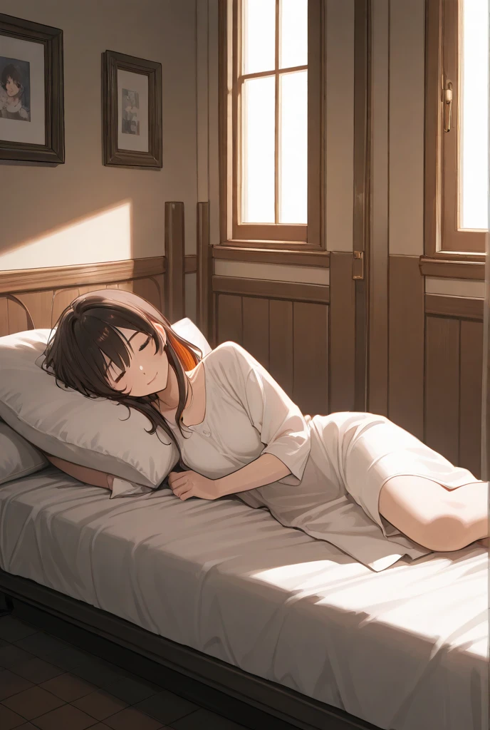 1 girl, Redhead, Red eyes, Impact, RAW Photos, 8k, masterpiece,pajamas、bed、Are sleeping、dim、Only the light in the room、No sunlight、