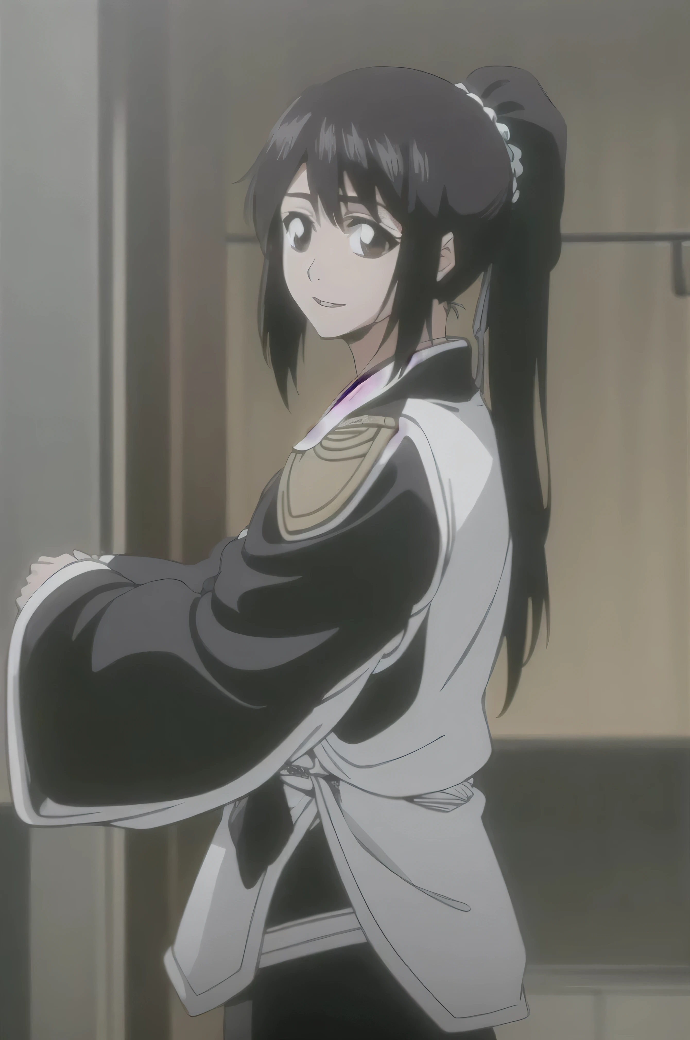 masterpiece, Highest quality ,
one girl from the side , romantic love , black hair, single , ponytail, Vancouver, brown eyes,
Hair bangs,
kimono, white sleeveless coat ,Captain's coat without white sleeves, black kimono ,
smile, alone, I'm looking for , simple background ,