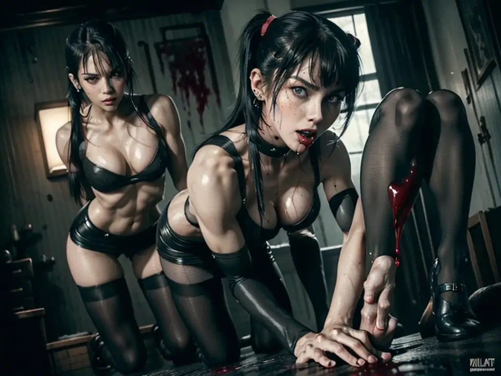 ponytails, toned muscles, toned shoulders, freckles, perfect grey eyes, scary eyes, red blood on her nude ass, Blood dripping off her mouth, a lot of dripping blood, bloody mess, their bodies are covered in red dripping blood, they are sexy female man killers, ,masterpiece, bloody blowjob, detailed cock, (she has your cock in her mouth), (((red dripping blood))), sexy and perfect tight heart shaped ass, ((female vampire with sharp perfect fangs)), intense, super slutty, (skintight slutty and revealing bodysuit), ((skirt/pantyhose)), perfect legs and skinny thighs, pantyhose, ((perfect tight ass)), they just killed a man during sex and are covered in his blood, murder scene, beautiful horror. bigger , perky nipples, blood dripping off her skin, she just killed a man during sex
