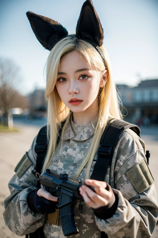 Angry face、perfect figure、Japanese、tall、open-chested camouflage uniform、No bra、blonde、fine eyes、double eyelid、black eyes、thin waist、big breasts、white background