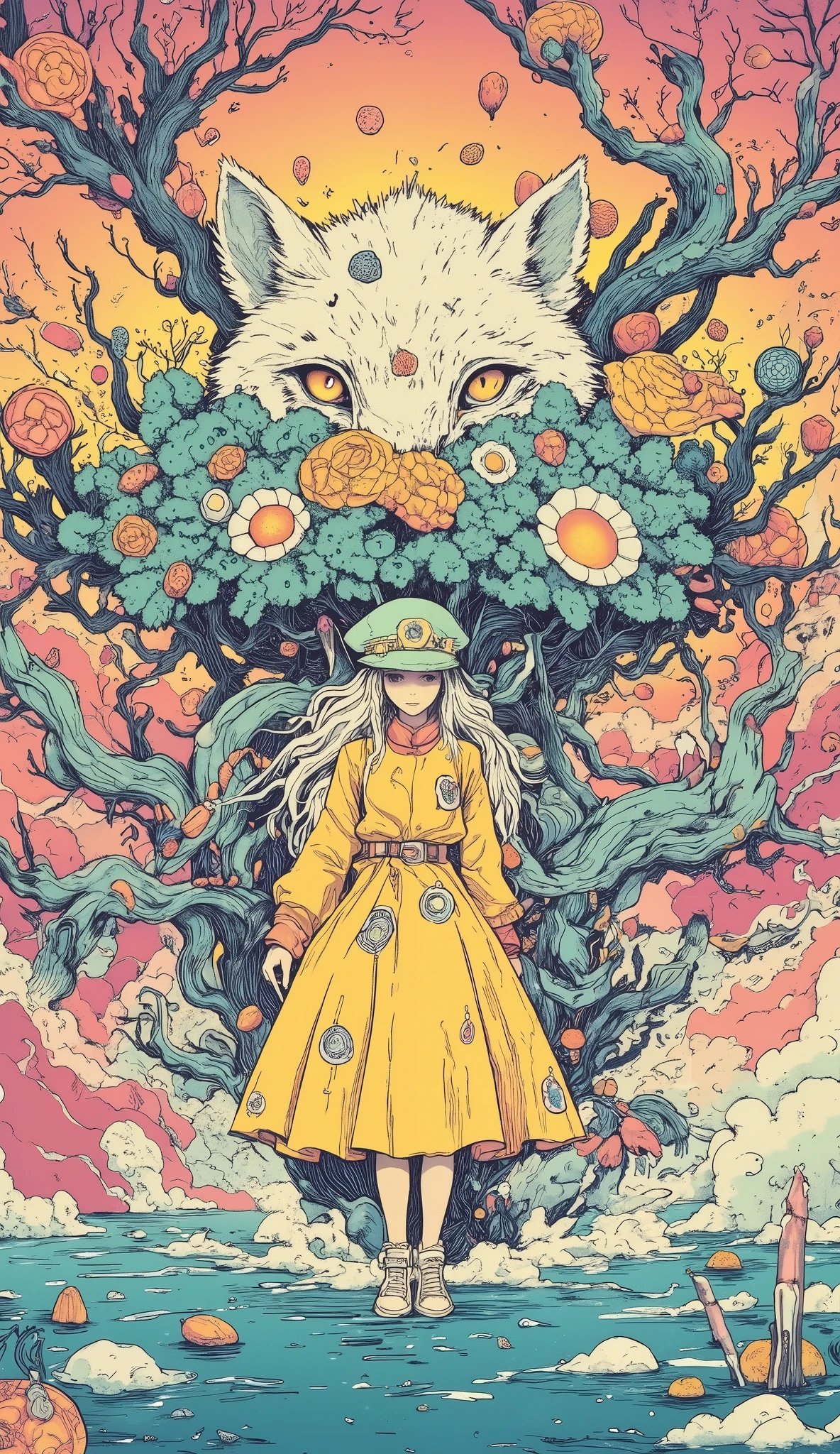 Imagine,Unreal colors in the sky,Create a dreamy atmosphere,and thousands of crystal flower pots upside down in the air,The roots grow upward and wind up into a floating island, girl(silver-white curls, long hair,head wearing a mint green gentleman hat,cream long dress,off-white canvas shoes)ride a giant snow fox in the lake