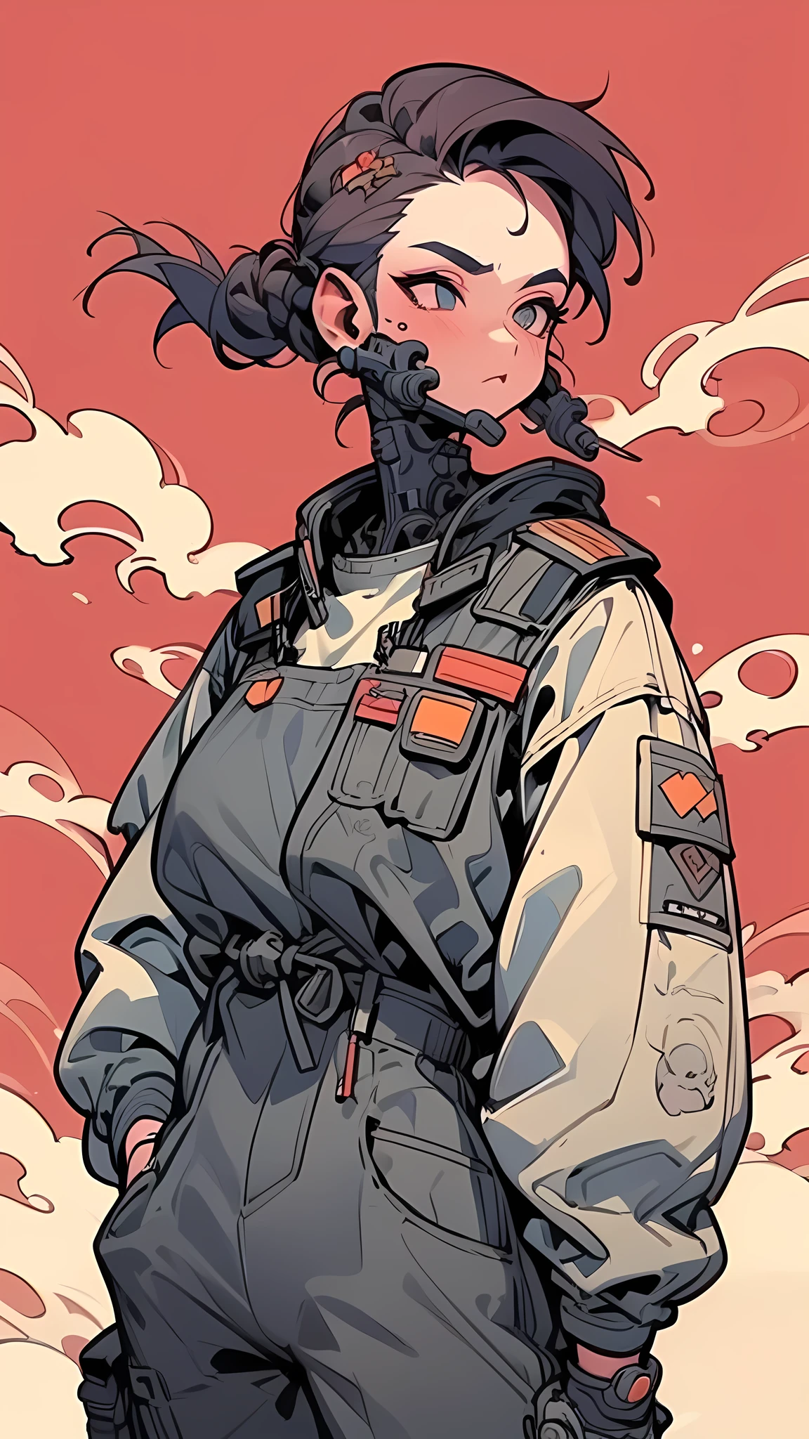 The image is a digital illustration of a woman's face. The woman has long dark hair that is styled in a messy bun. She is wearing a futuristic-looking helmet with a skull-like design on top. The helmet is made up of various geometric shapes and lines, including triangles, squares, and rectangles. The background is a bright red color, and there is a white letter "S" in the top left corner. The overall style of the illustration is bold and edgy.