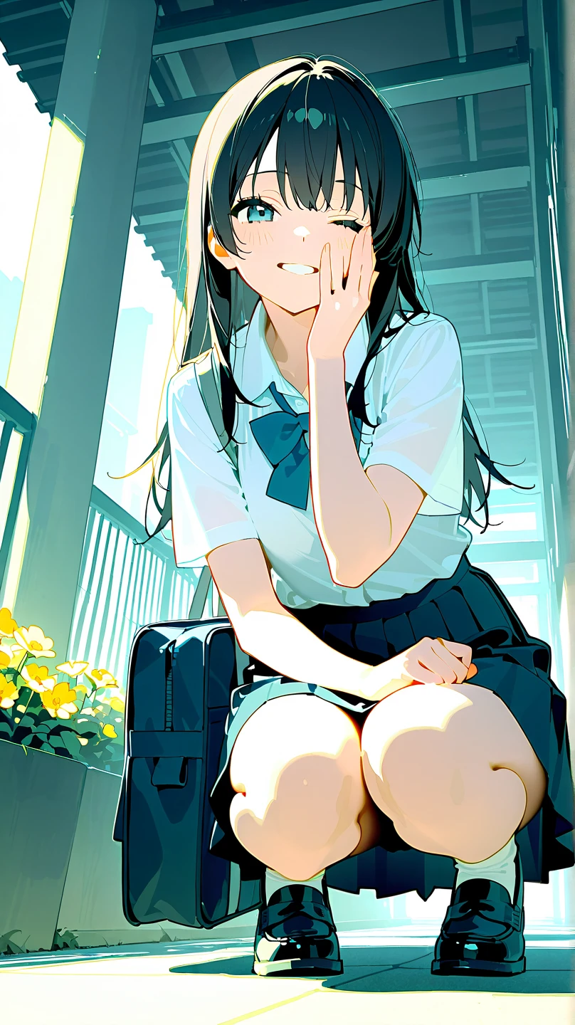 (msfw:1.4), (Realistic, photo Realistic:1.2), ((Highest quality)), Shift the center of gravity backwards, Quite embarrassing, White panties, (Showing panties:1.4),Tight Skirt, (Panty shot:1.3), (Roll up your skirt:1.3), (Squat:1.4), (Spreading pussy:1.2), Place your heels on the ground, Please spread your legs a little, Squat with your knees up, Attach your butt to the ground, Black Penny Loafers, Beautiful facial details, Real human skin, Gentle expression, Front view, angle From below, Realistic, photoRealistic, cute, Short skirt, Squat deep on school grounds, cute school girl, Semi-long hair, Lustrous brown hair, Braided hair, Japanese school girl uniform, Sailor suit, whole body, smile, 自然なsmile, cutesmile, 魅惑的なsmile, (Looking at the audience:1.2), from before, From below,
