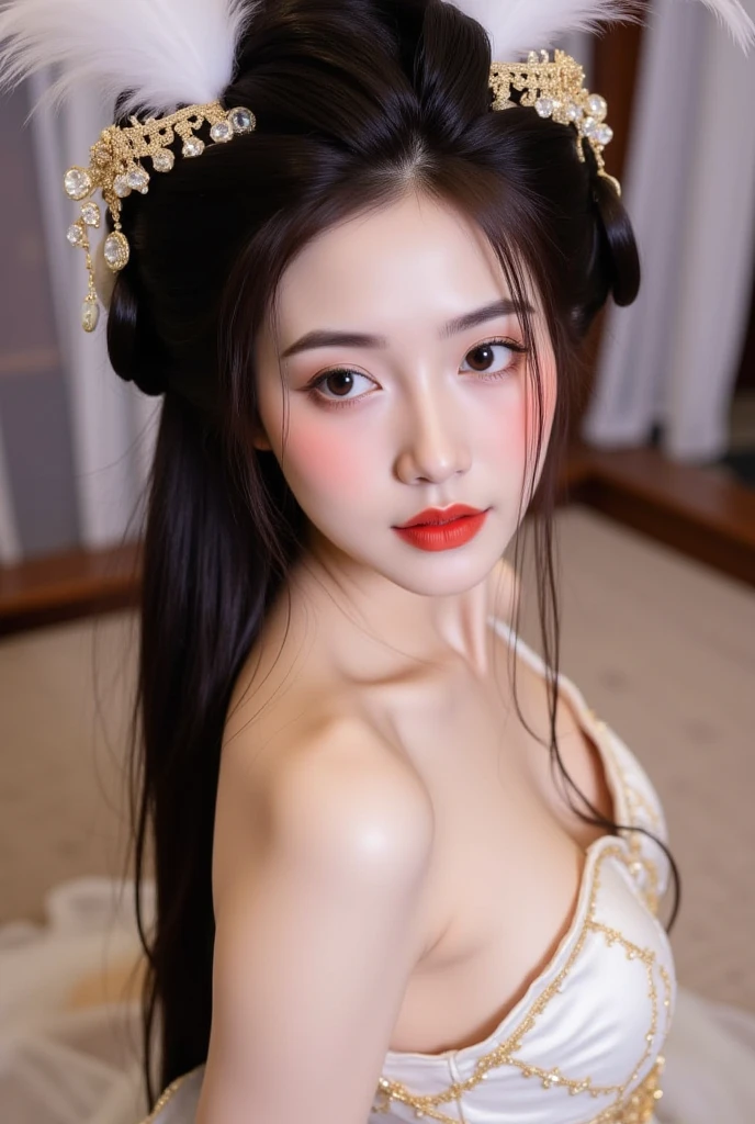 A lavish Empress of China's Qing Dynasty, sitting on a large golden sofa, Completely naked, she is facing away, showcasing her large bosom and massive rear., I see her face.（Porn Pose） Tie your hair on both sides、Beautiful Chinese empress wearing a crown、Background of kinky and erotic woman tying her hair、The story is set in the opulent rooms of the empress&#39;s palace in China during the Qing Dynasty.。.。