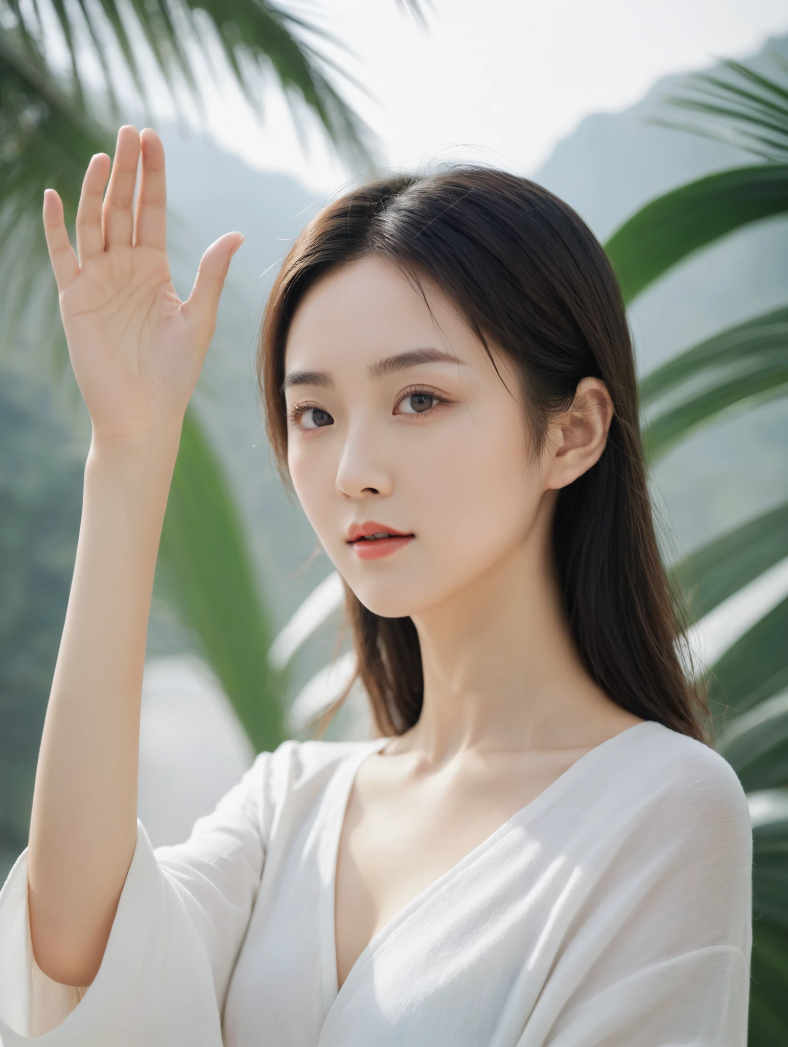 girl, 中国 girl, Hand raised, palm, front ID photo, front view, half body