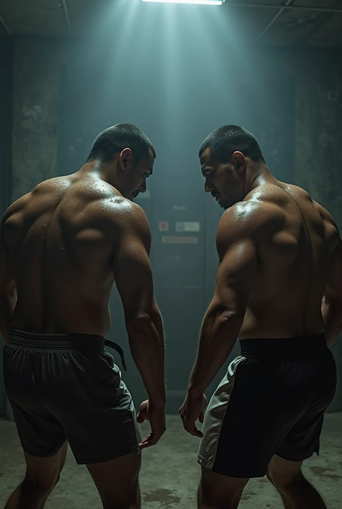 ((2heads)),An intense cimenatic scene, featuring a brazilian and japanese 50yo rugged and gritty real-life setting, with an adult man (rugged, dadbod, beer gut, chub, hairy (stocky)) in dirty tighty whities (skidmarks) standing in low-key lighting. The atmosphere is dark and grungy, with a sense of raw energy emanating from the environment.