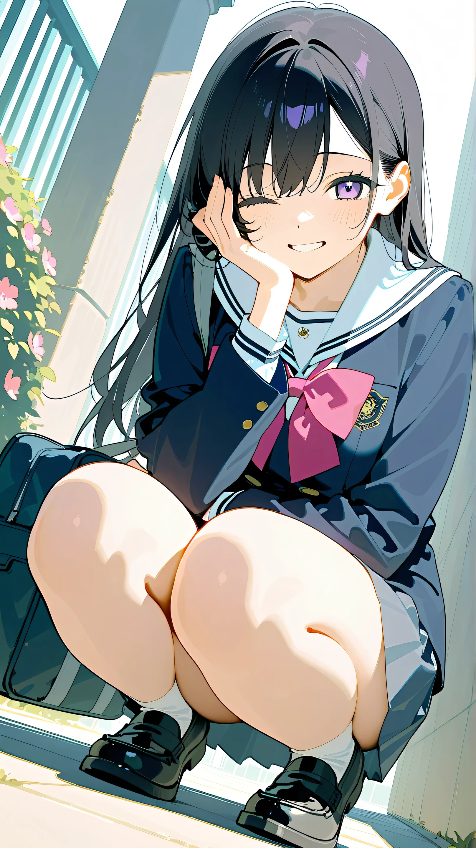 score_9, score_8_up, score_7_up, score_6_up, score_5_up, (masterpiece, Best Quality), Super Detail,, masterpiece, Best Quality, high resolution, 1 girl, medium chest, clothed schools uniform, schools bag, schools, MAIN GATE, long black hair,purple eyes、 smile, from below, video viewer, squats , closes one eye, Flowers often yawn , A mouth that opens wide to the side, ,