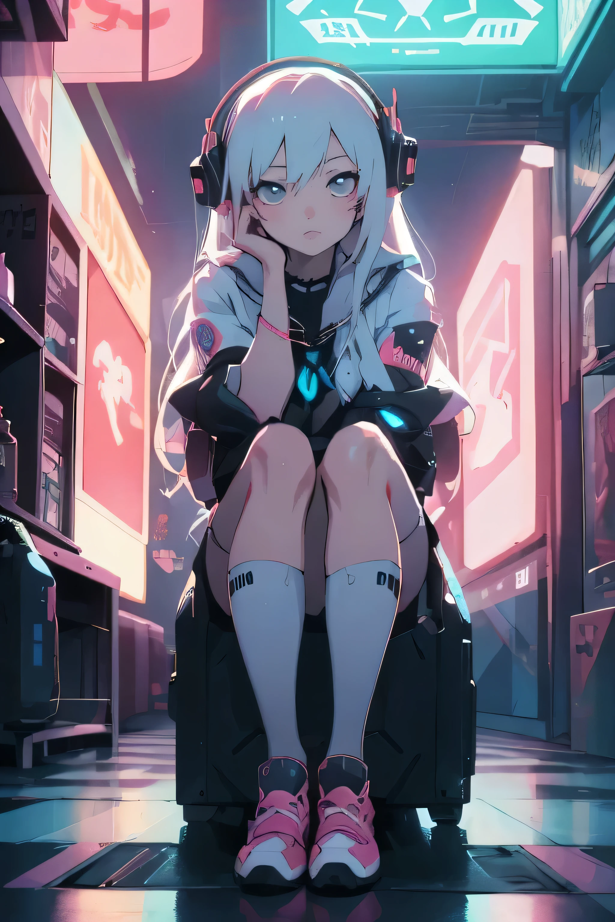 ((best quality)), ((masterpiece)), ((ultra-detailed)), (illustration), (detailed light), (an extremely delicate and beautiful),
(((solo))),
(a beautiful cute girl),
((headphone)),(hoodie),
((cyberpunk room)),indoors,(computer,screens),data stream,window,
((sitting on Gaming chair)),
(beautiful eyes),white hair,