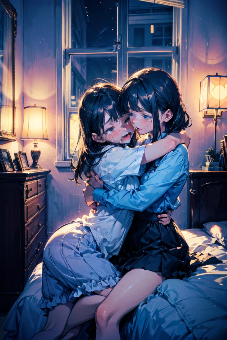master piece,hyper quality, Hyper Detailed,Perfect drawing,Hi-Res、2tgirls、Japan idol、student clothes、Look at each other from the front、((kiss))、(((French kiss)))、Hug each other as if pushing each other、stare at each other、Moist eyes、Half-open lips、Beautiful、red blush(0.2)、Functional、seductiv、Trance、demagoguery、Beauty、bustup、Shunguang、、Shot diagonally down from the front、precise drawing、Detailed drawing、Precise human body structure、Locker Room、beatiful backgrounds