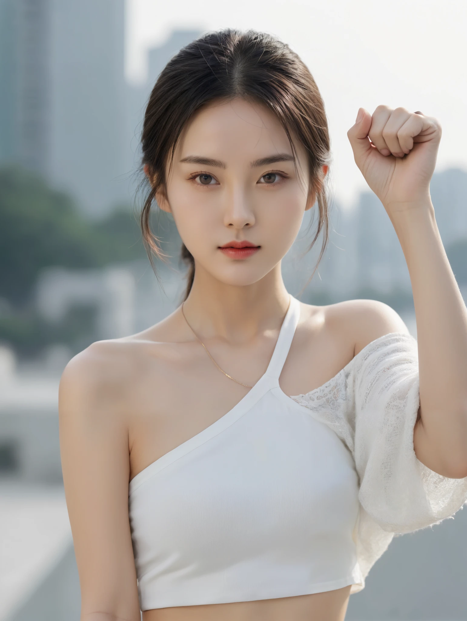 girl, 中国 girl, One hand raised, fist clenched hand, front ID photo, front view, half body