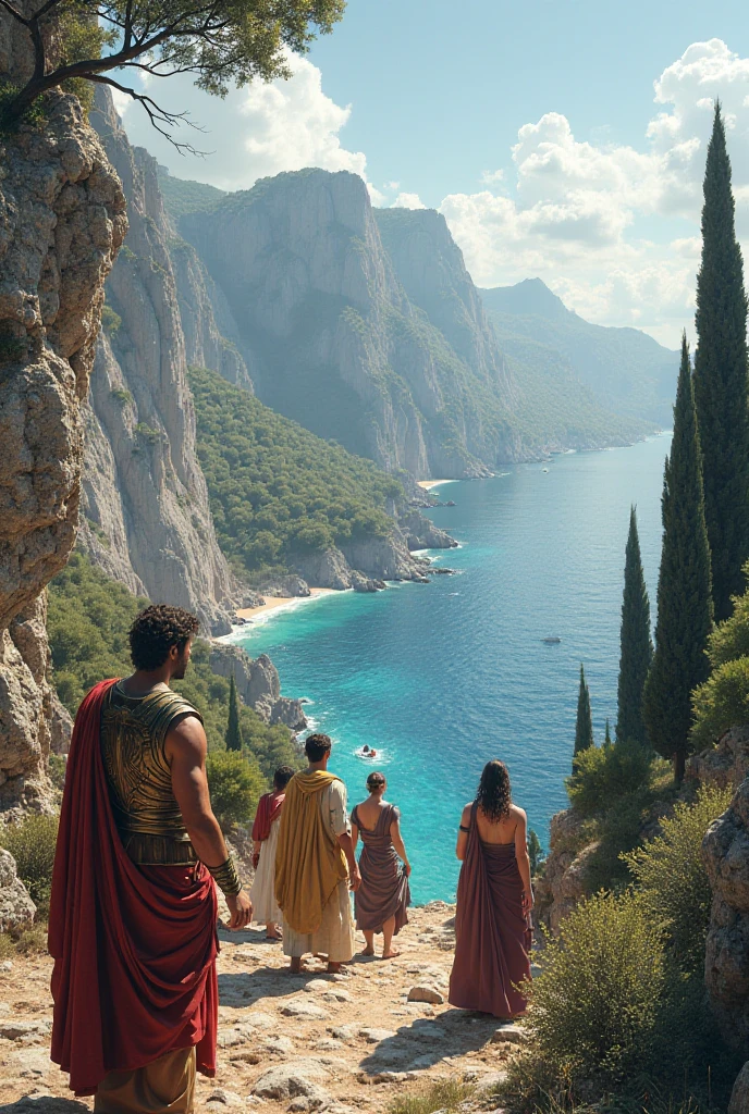 A grim yet dramatic scene showing the pirates being crucified, with wooden crosses lined along a coastal cliff. Caesar, in the foreground, observes with a solemn expression, embodying both a sense of justice and finality. Some pirates are shown with their throats already slit, a grim mercy granted by Caesar as he had promised.