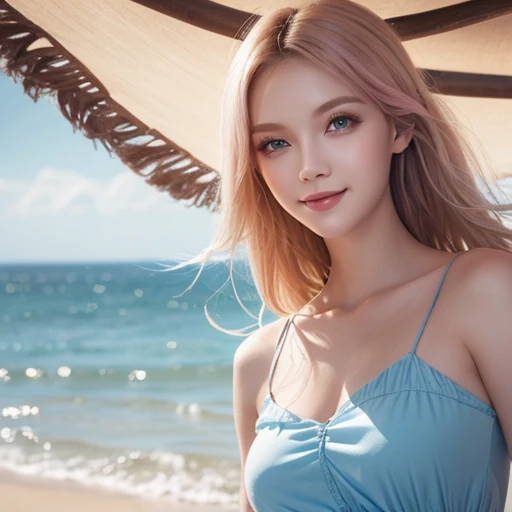 8k、RAW Photos、Highest quality、Super detailed、Super Resolution、Ultra HD、8k wallpaper、Amazing details、
Maldives beaches、White micro bikini swimsuit、Drink a cocktail、blue sea、Blue sky、Palm tree、Blonde、Floating Hotel、smile
