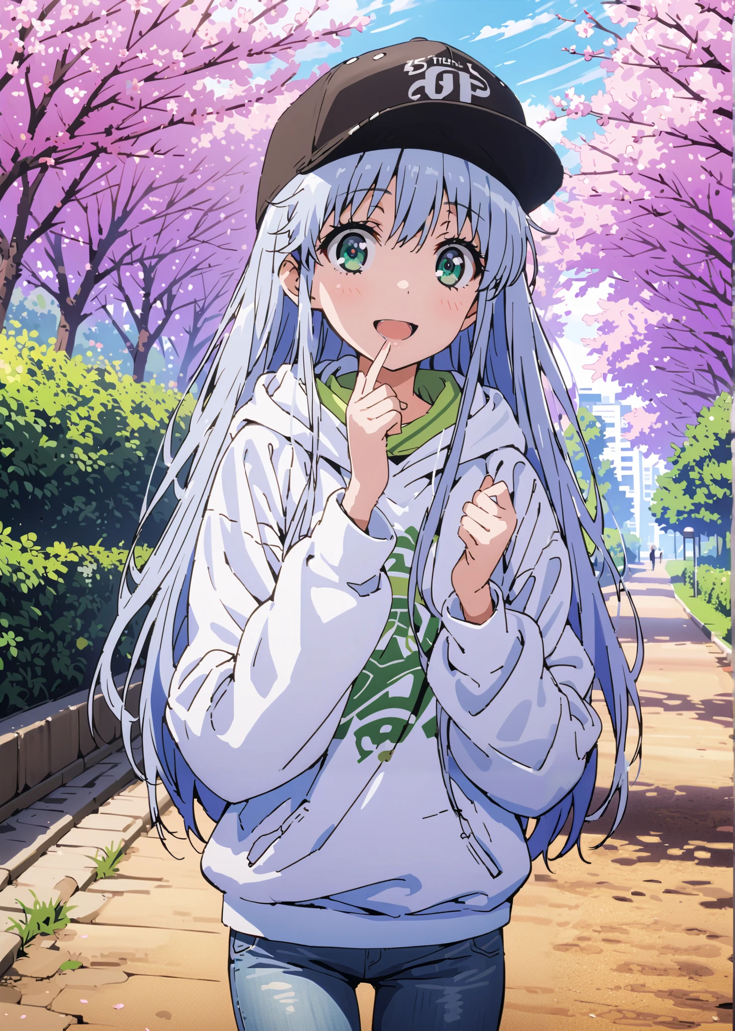 score_9, score_8_up, score_7_up, source_anime, Prohibited bibliography, Alone,green eyes, blue hair, long hair,Baseball hats,short outer jacket,oversized white plain hoodie,skinny jeans,sneakers,cherry blossoms,Trail,standing,Beautiful Scenery,smile,cover,opens her mouth,morning,morning日,so that the whole body fits into the illustration,                       break outdoors, garden,
break looking at viewer,
break (masterpiece:1.2),best quality , kampala, Unity 8K Wallpaper ,(shape:0.8),(  fine, beautiful eyes  :1.6),It's a person ,full body photo,CG Details , (perfect hands,complete anatomy),