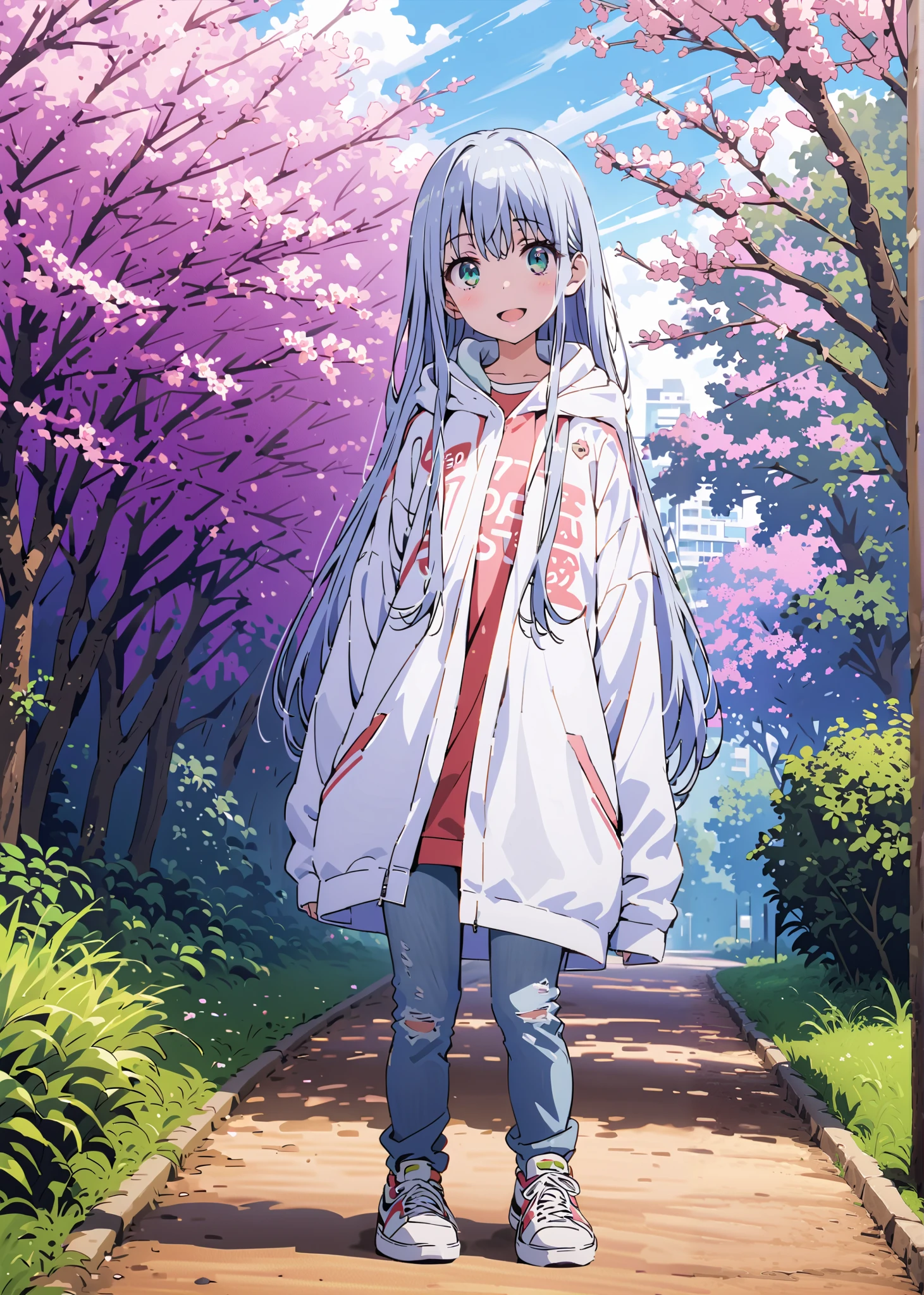 score_9, score_8_up, score_7_up, source_anime, Prohibited bibliography, Alone,green eyes, blue hair, long hair,Baseball hats,short outer jacket,oversized white plain hoodie,skinny jeans,sneakers,cherry blossoms,Trail,standing,Beautiful Scenery,smile,cover,opens her mouth,morning,morning日,so that the whole body fits into the illustration, break outdoors, garden,
break looking at viewer,
break (masterpiece:1.2),best quality , kampala, Unity 8K Wallpaper ,(shape:0.8),( fine, beautiful eyes :1.6),It's a person ,full body photo,CG Details , (perfect hands,complete anatomy),