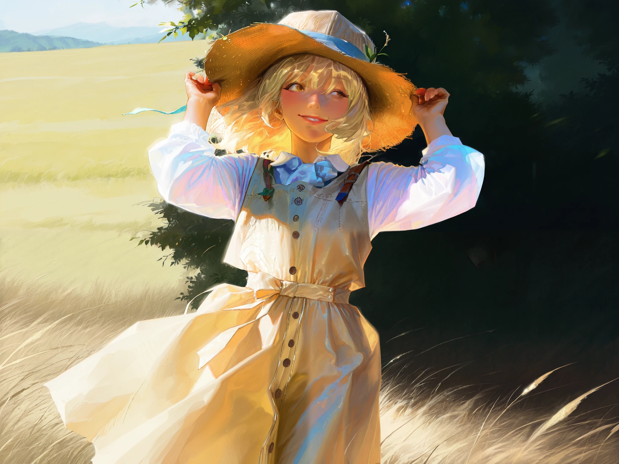 HDR, 8K, high contrast, masterpiece, best quality, amazing quality, very aesthetic, traditional paint artstyle, realistic, newest, Sungmoo style
BREAK
a blonde woman standing in a farm, flowing dress, farmer's hat, holding onto hat, looking to side, warm smile, warm light, historical style, oil painting,  with visible brushstrokes,  composition is dynamic, strong visual focus,  pastel-like colors, slightly golden-tone lighting,  atmospheric, outdoors.