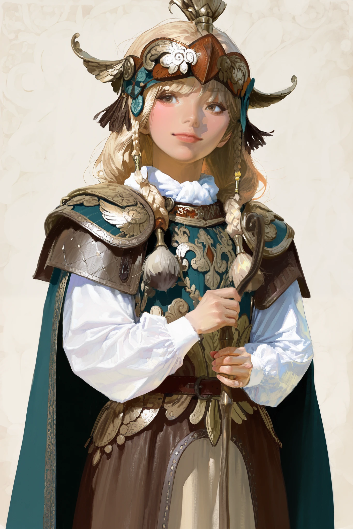 HDR, 8K, high contrast, masterpiece, best quality, amazing quality, very aesthetic, traditional paint artstyle, realistic, newest, Sungmoo style
BREAK
Young woman (ethnicity:1.2), (age:1.1), with light blonde hair styled in braids and a decorative headband, (detailed hair:1.2), (detailed facial features:1.3), serene expression (expression:1.2), holding a staff, (detailed clothing:1.2)  in a light-cream and dark brown, medieval style outfit, (detailed skin texture:1.2).  Girl is positioned in the mid-frame, looking slightly to her right, (pose:1.2),  with a three-quarter view.  Soft, diffused light, (lighting:1.1), creating a gentle atmosphere with pastel colors.  Painterly style,  stylized art, digital painting, high detail.  Intricate decorative patterns on clothing.  Detailed, layered textures, (accessories:1.1),  showing visible brush strokes, with a focus on intricate details,  (detailed hands:1.2) and subtle shadows. Atmospheric colors: pastel blues, creams, and browns. Photorealistic style digital art, delicate brushstrokes,  8k resolution.