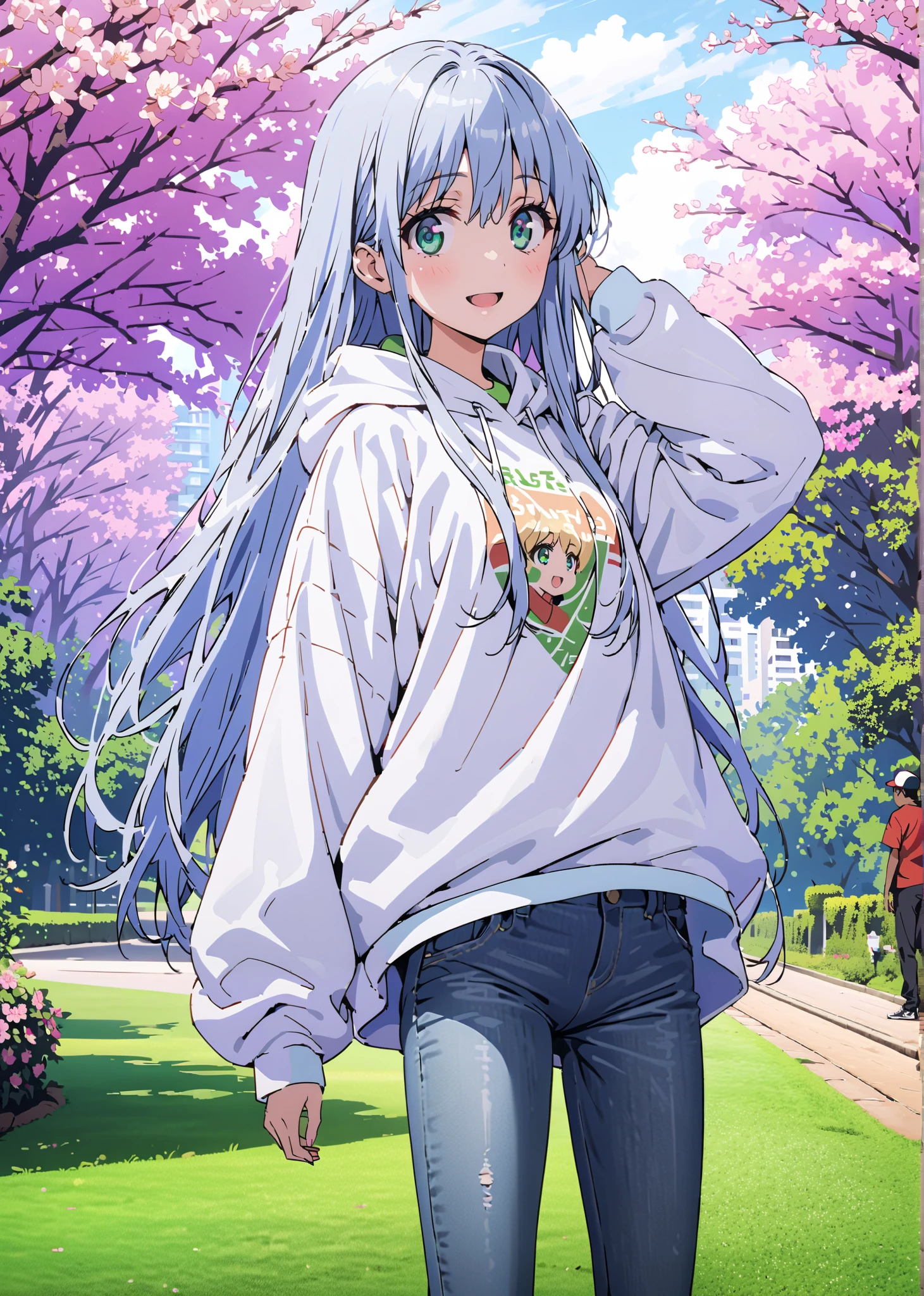 score_9, score_8_up, score_7_up, source_anime, Prohibited bibliography, Alone,green eyes, blue hair, long hair,Baseball hats,short outer jacket,oversized white plain hoodie,skinny jeans,sneakers,cherry blossoms,Trail,standing,Beautiful Scenery,smile,cover,opens her mouth,morning,morning日,so that the whole body fits into the illustration, break outdoors, garden,
break looking at viewer,
break (masterpiece:1.2),best quality , kampala, Unity 8K Wallpaper ,(shape:0.8),( fine, beautiful eyes :1.6),It's a person ,full body photo,CG Details , (perfect hands,complete anatomy),