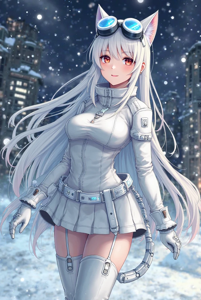 White bodysuit snow-white long hair Tall beautiful girl moderately sized breasts perfectly proportions beautiful breasts with tension Smiling Bodysuit made of light fabric Detailed details are depicted Perfect white hair