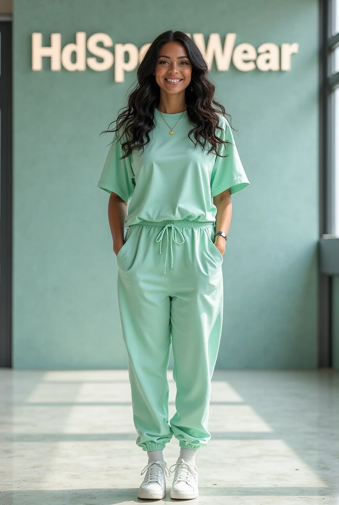 A confident and beautiful woman (25-30 years old, long dark wavy hair cascading over her shoulders, striking facial features, warm smile, curvy figure with size L or XL clothing fitting elegantly) wearing a matching mint green HDSportWear tracksuit. The outfit consists of an oversized short-sleeve t-shirt with a clean, minimalist design (no logos or text) and mint green joggers with a drawstring waist, tailored specifically for a curvy L/XL size. The joggers have a relaxed fit and taper at the ankles. She is wearing stylish white sneakers that are prominently visible on her feet. She stands in full-body view in a modern indoor space with large glass windows, filled with bright natural light. The background is slightly blurred, emphasizing the subject while maintaining a high-end fashion aesthetic. On the wall behind her, the 'HDSportWear' text is displayed in large white letters, reinforcing the brand identity. The scene is ultra-realistic, with vibrant colors, high detail, and a 16:9 aspect ratio.