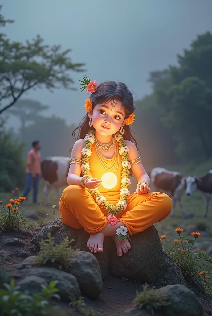 Baby lord shri krishna enters a house and take the soul of a white rabbit while he is taking his last breath due to illness and the rabbit is sleeping in a girl’s lap drinking water 