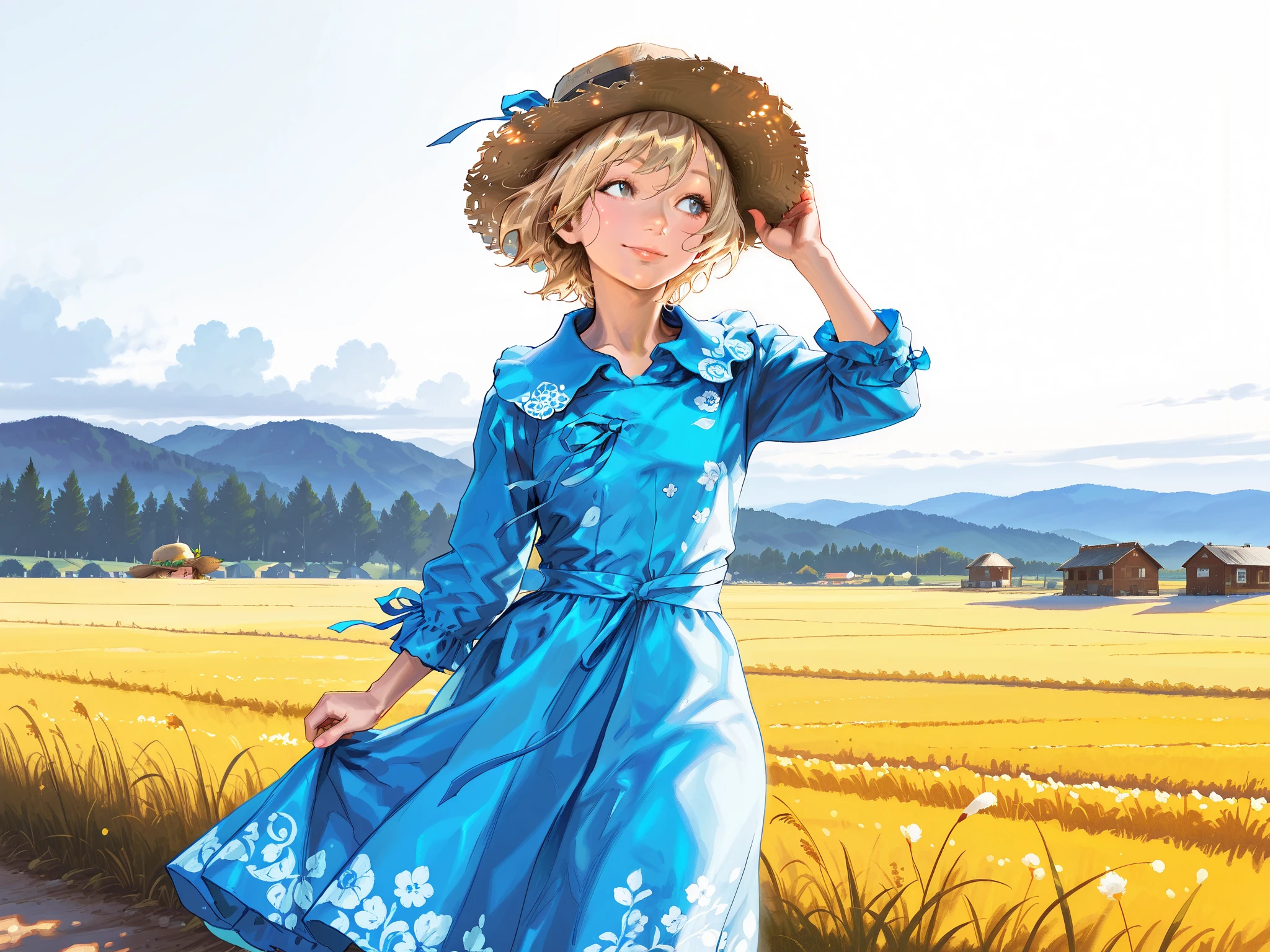 HDR, 8K, high contrast, masterpiece, best quality, amazing quality, very aesthetic, traditional paint artstyle, realistic, newest, Kinu Nishimura, Sungmoo style
BREAK
a blonde woman standing in a farm, flowing dress, farmer's hat, holding onto hat, looking to side, warm smile, warm light, historical style, oil painting, with visible brushstrokes, composition is dynamic, strong visual focus, pastel-like colors, slightly golden-tone lighting, atmospheric, outdoors.