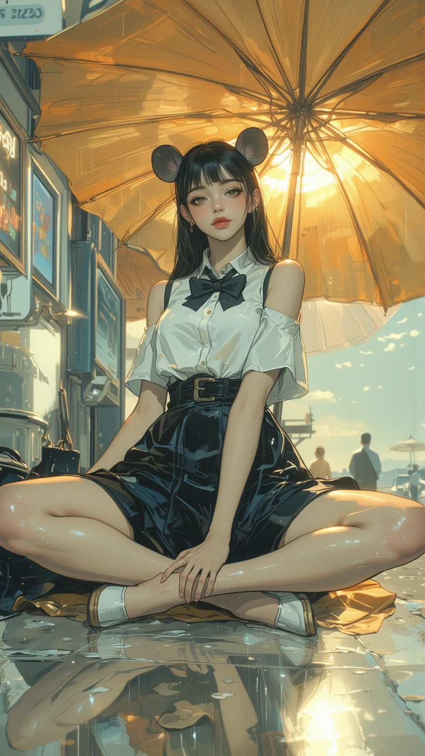 (1girl:1.3), solo,_ Kim Ji-ni Jennie face, wearing yellow armband sweater, cropped style, white bandeau underneath, pale green shorts, sexy, cute, white socks, background campus, full body photo, looking at the audience, world-weary face, cold eyes, Korean style photo photos, photographic lighting, strong contrast, sunlight on the face, world-weary face, high-end sense, 8k resolution image, intricate symmetry details. Smooth action, full picture.