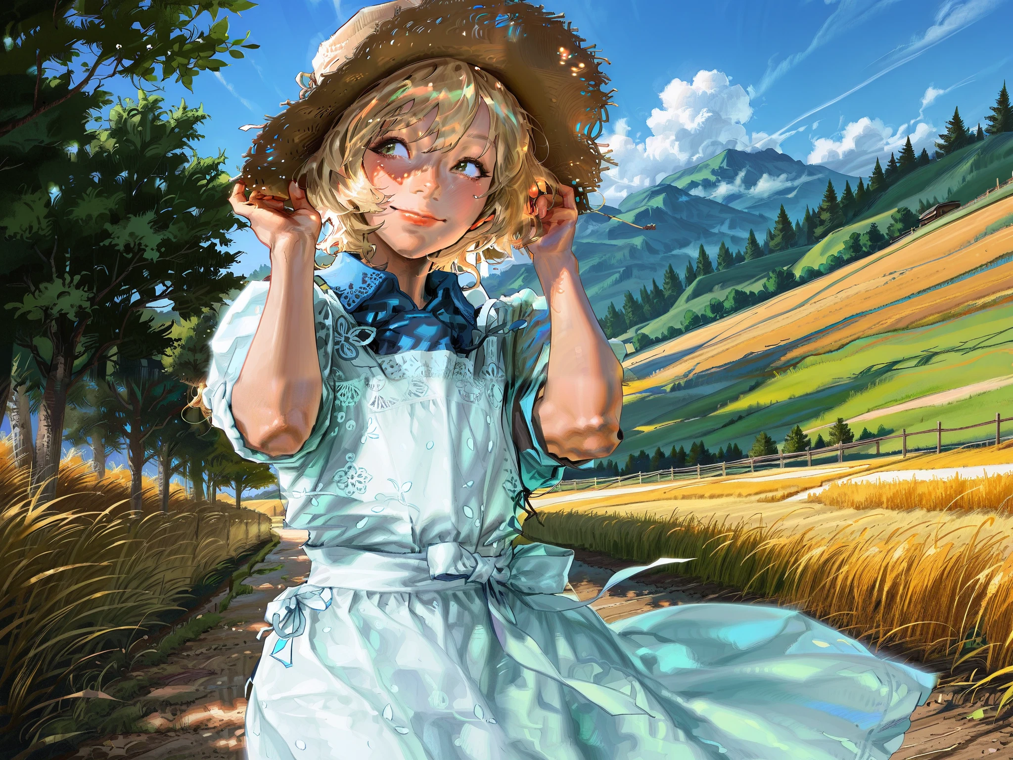 HDR, 8K, high contrast, masterpiece, best quality, amazing quality, very aesthetic, traditional paint artstyle, realistic, newest, Kinu Nishimura, Sungmoo style
BREAK
a blonde woman standing in a farm, flowing dress, farmer's hat, holding onto hat, looking to side, warm smile, warm light, historical style, oil painting,  with visible brushstrokes,  composition is dynamic, strong visual focus,  pastel-like colors, slightly golden-tone lighting,  atmospheric, outdoors.